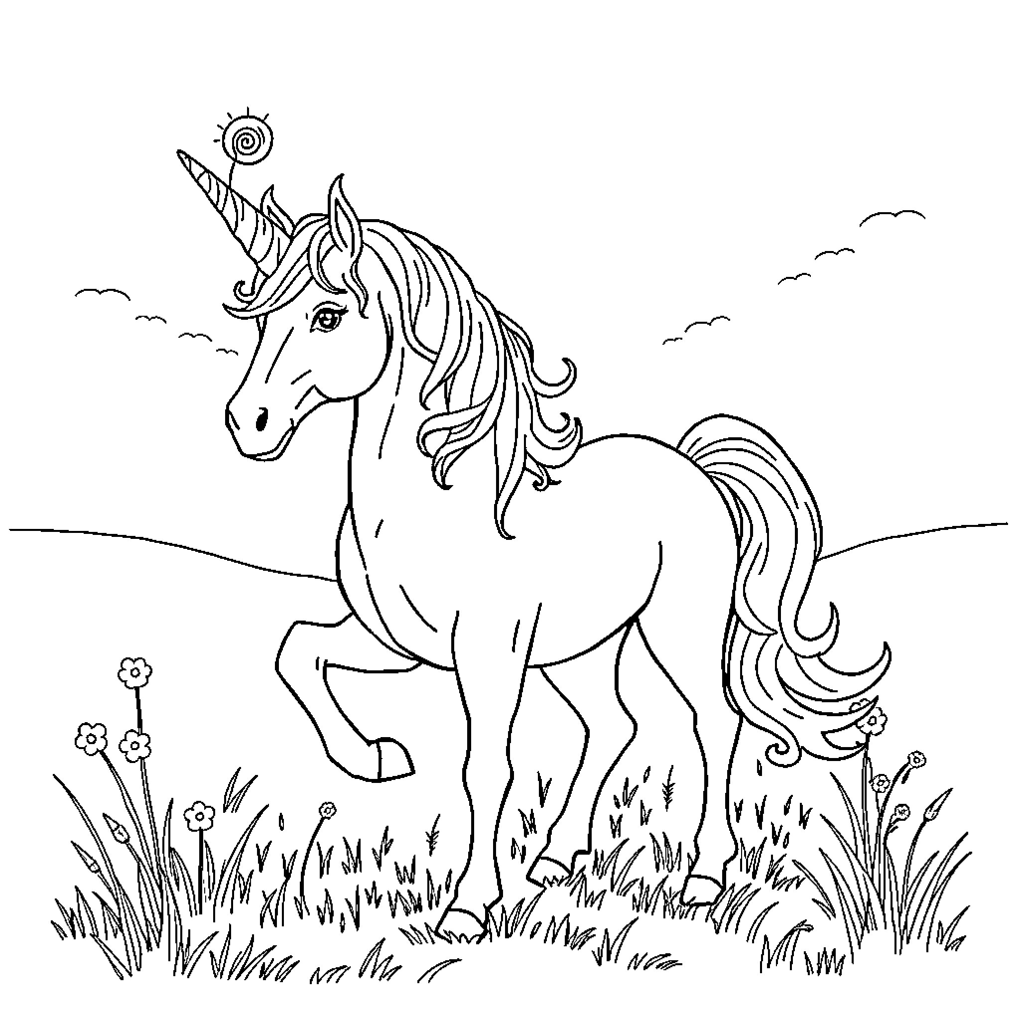 Unicorn roaming freely in the meadow Coloring Page (free black-and-white line drawing printable PDF for all, from beginners to advanced learners, including children, teens, adults, and seniors)