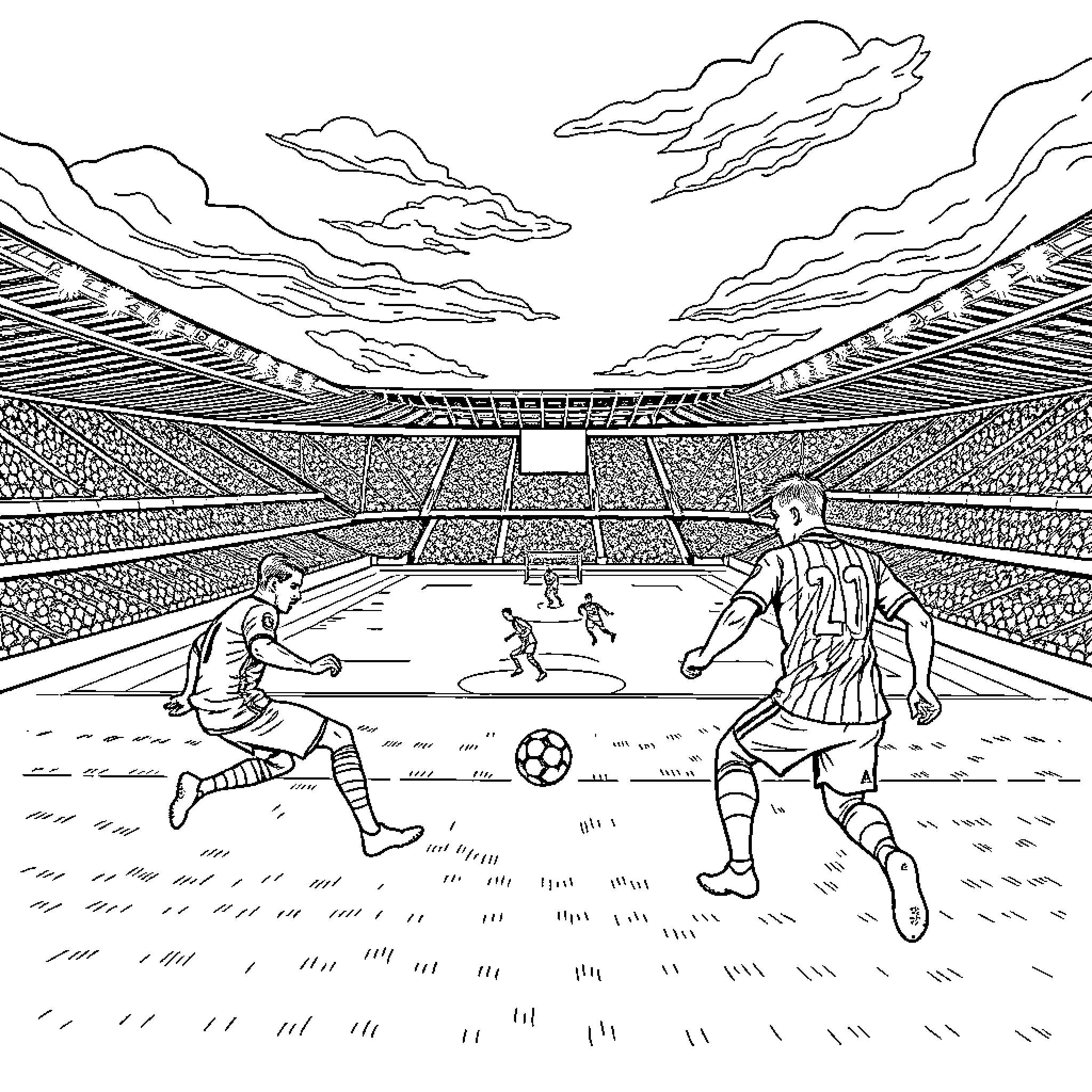 Athletic Club Soccer Match in Stadium Coloring Page (free black-and-white line drawing printable PDF for all, from beginners to advanced learners, including children, teens, adults, and seniors)