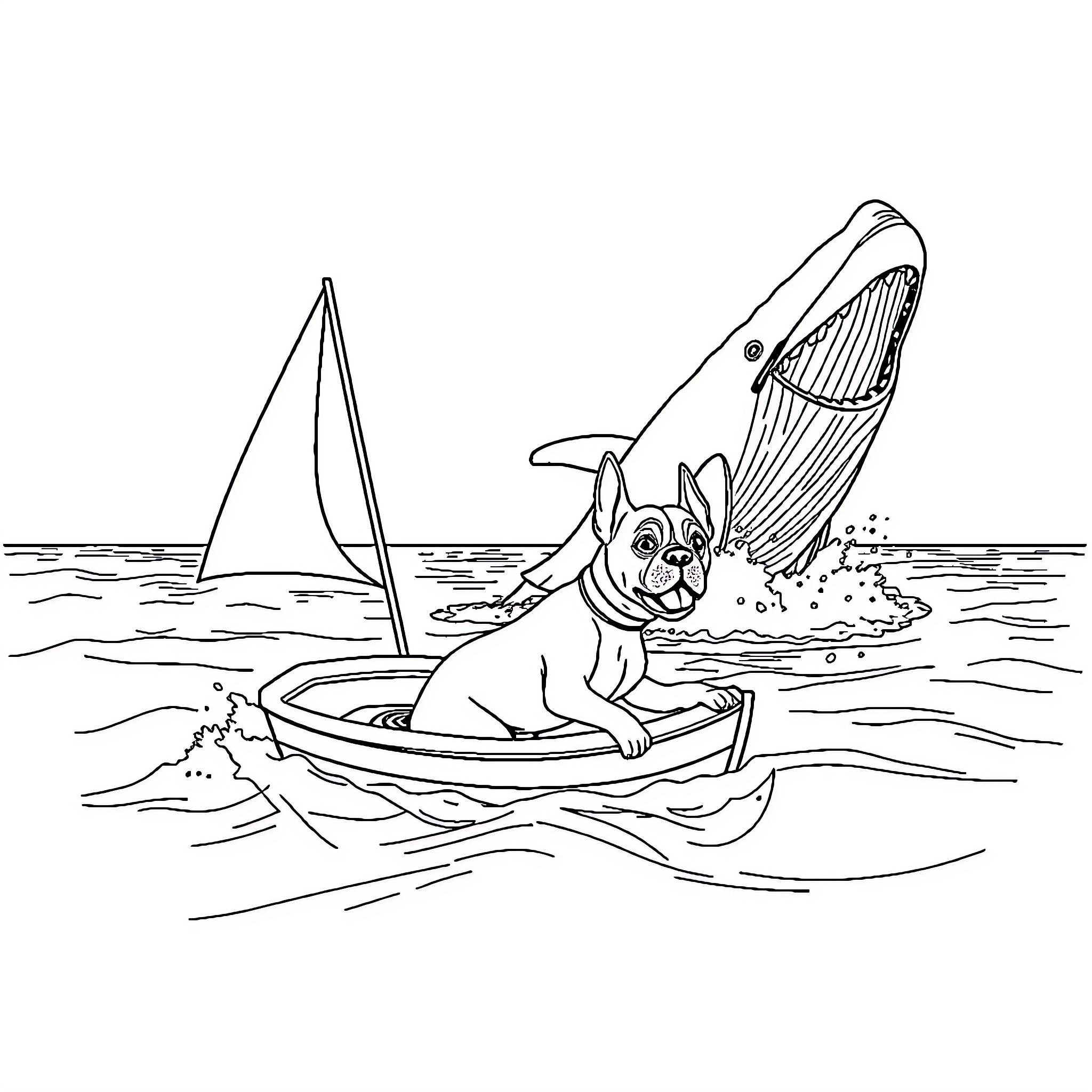Boxer dog sailing on a boat in the ocean Coloring Page (free black-and-white line drawing printable PDF for all, from beginners to advanced learners, including children, teens, adults, and seniors)