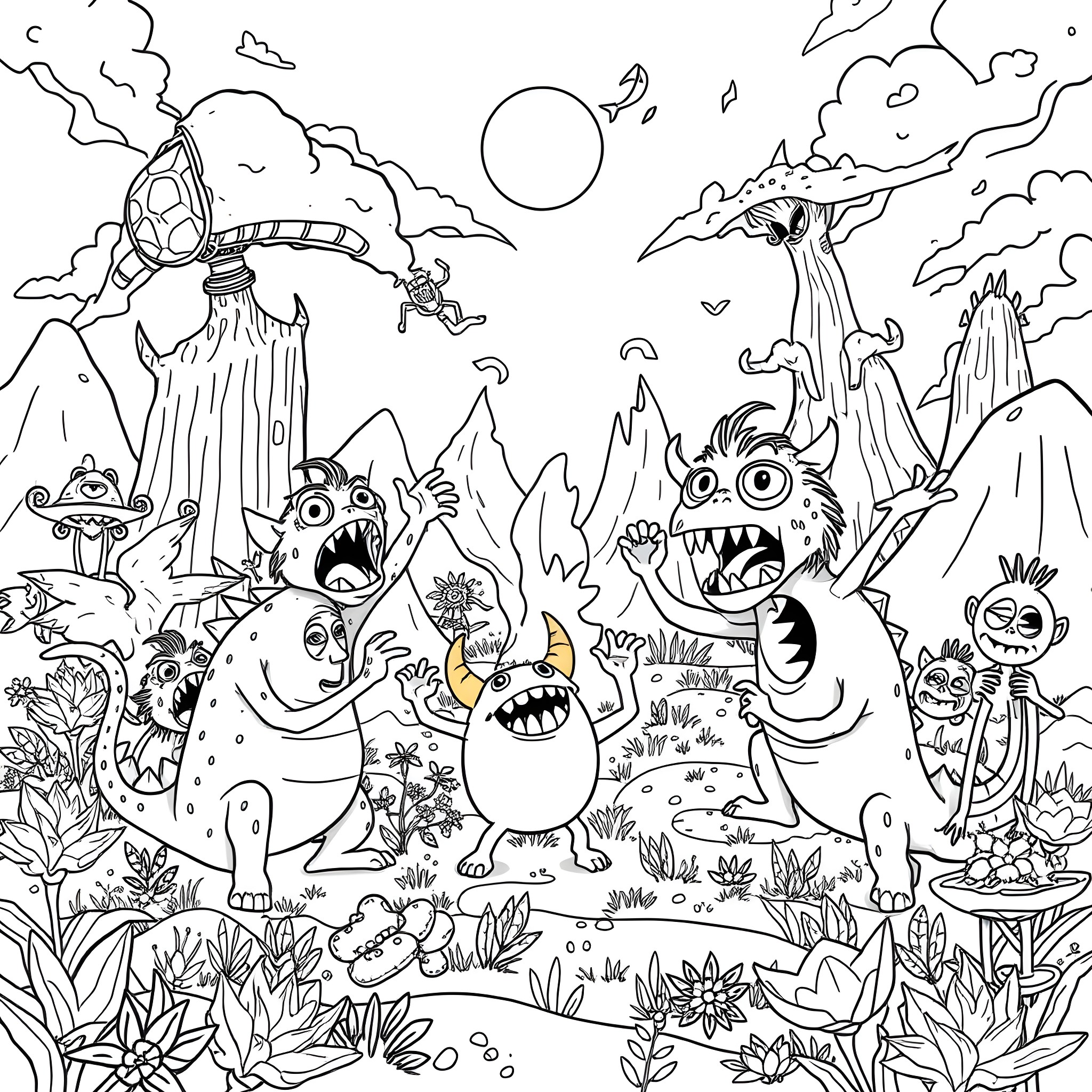 Monster creatures in a fantastical landscape Coloring Page (free black-and-white line drawing printable PDF for all, from beginners to advanced learners, including children, teens, adults, and seniors)
