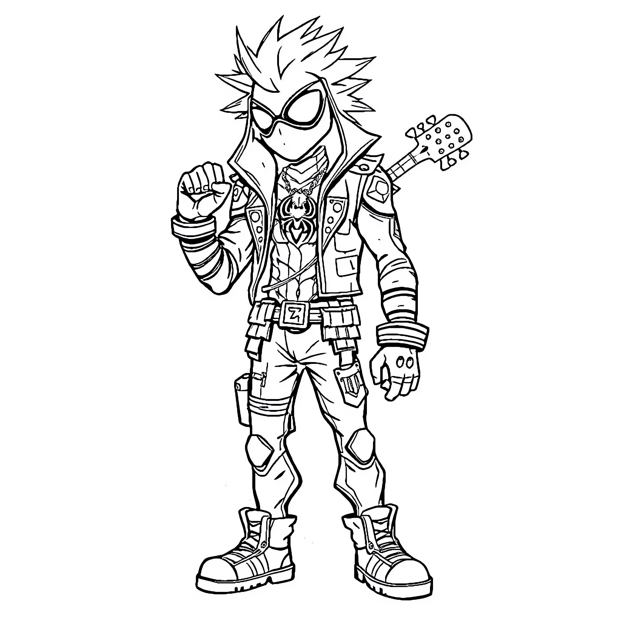 Spider Punk character in aggressive pose with punk attire Coloring Page (free black-and-white line drawing printable PDF for all, from beginners to advanced learners, including children, teens, adults, and seniors)