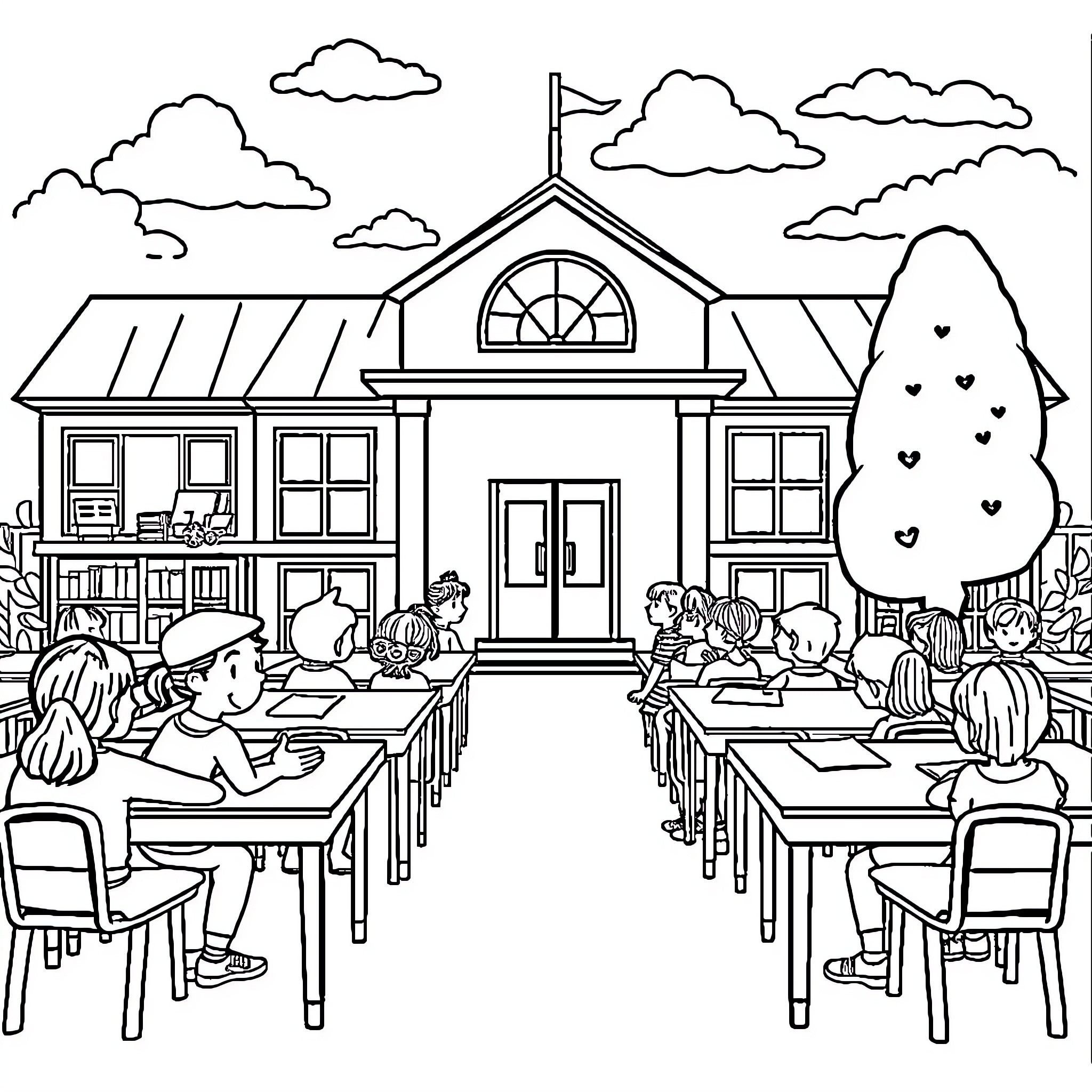 School Classroom with Students Learning Coloring Page (free black-and-white line drawing printable PDF for all, from beginners to advanced learners, including children, teens, adults, and seniors)