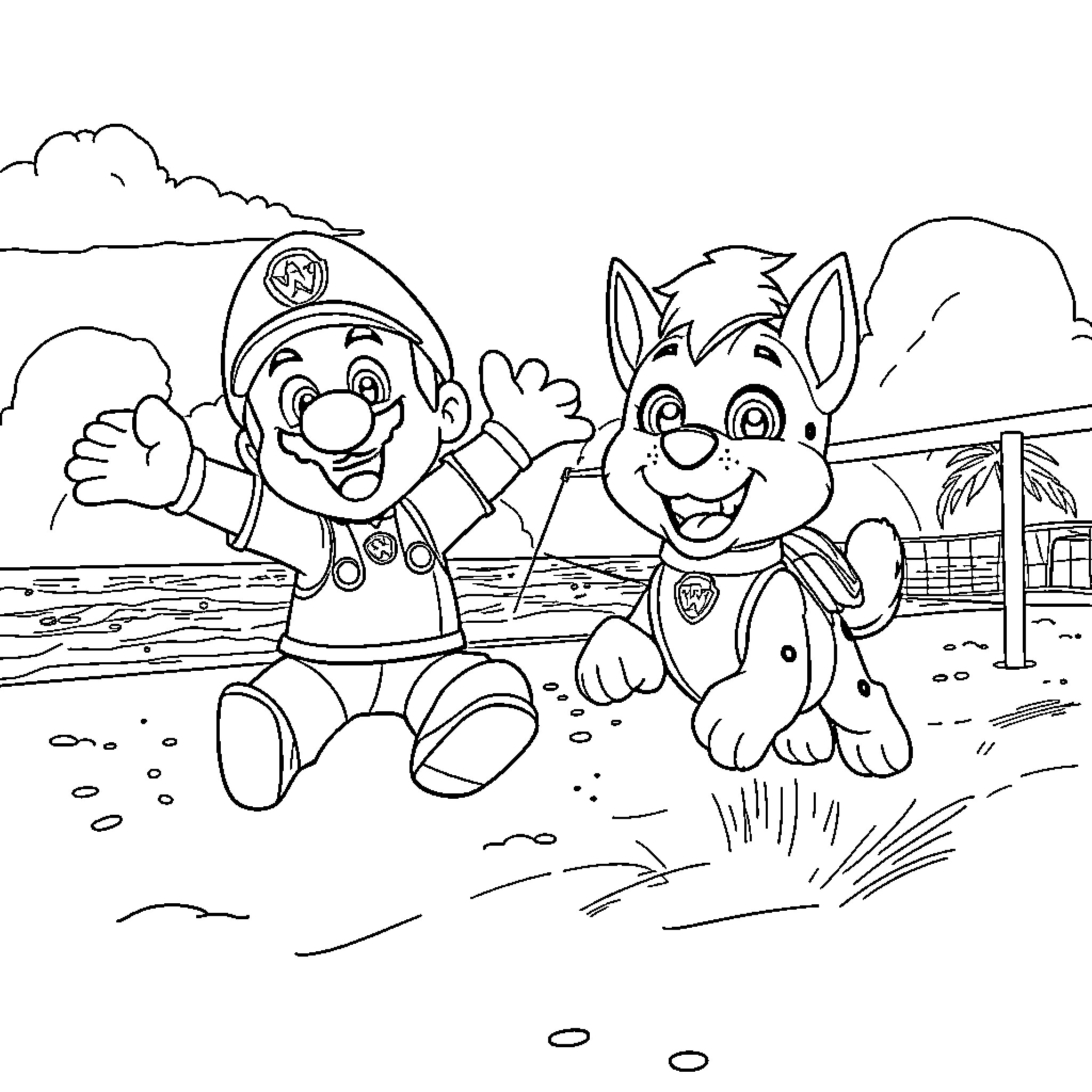 Mario and Puppy Playing Together Coloring Page (free black-and-white line drawing printable PDF for all, from beginners to advanced learners, including children, teens, adults, and seniors)