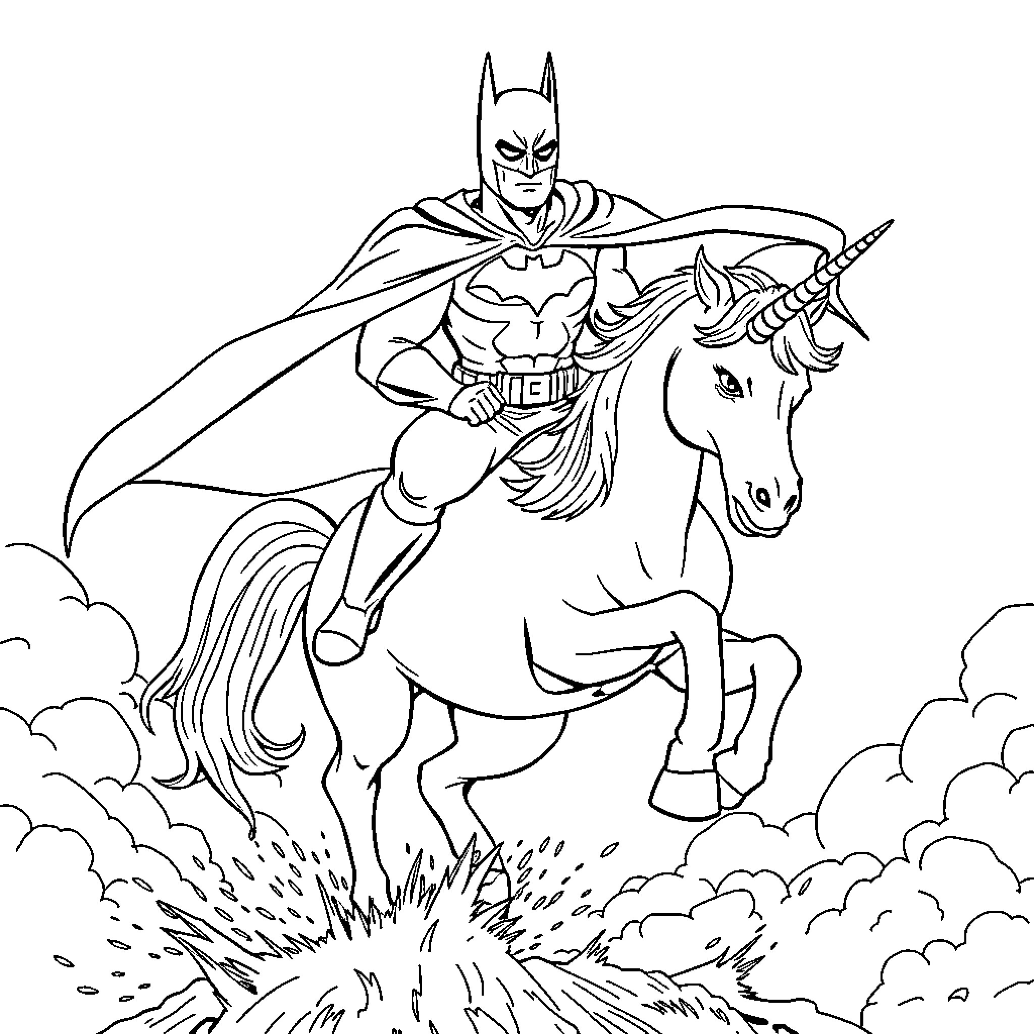 Unicorn being ridden by a superhero in a cape Coloring Page (free black-and-white line drawing printable PDF for all, from beginners to advanced learners, including children, teens, adults, and seniors)