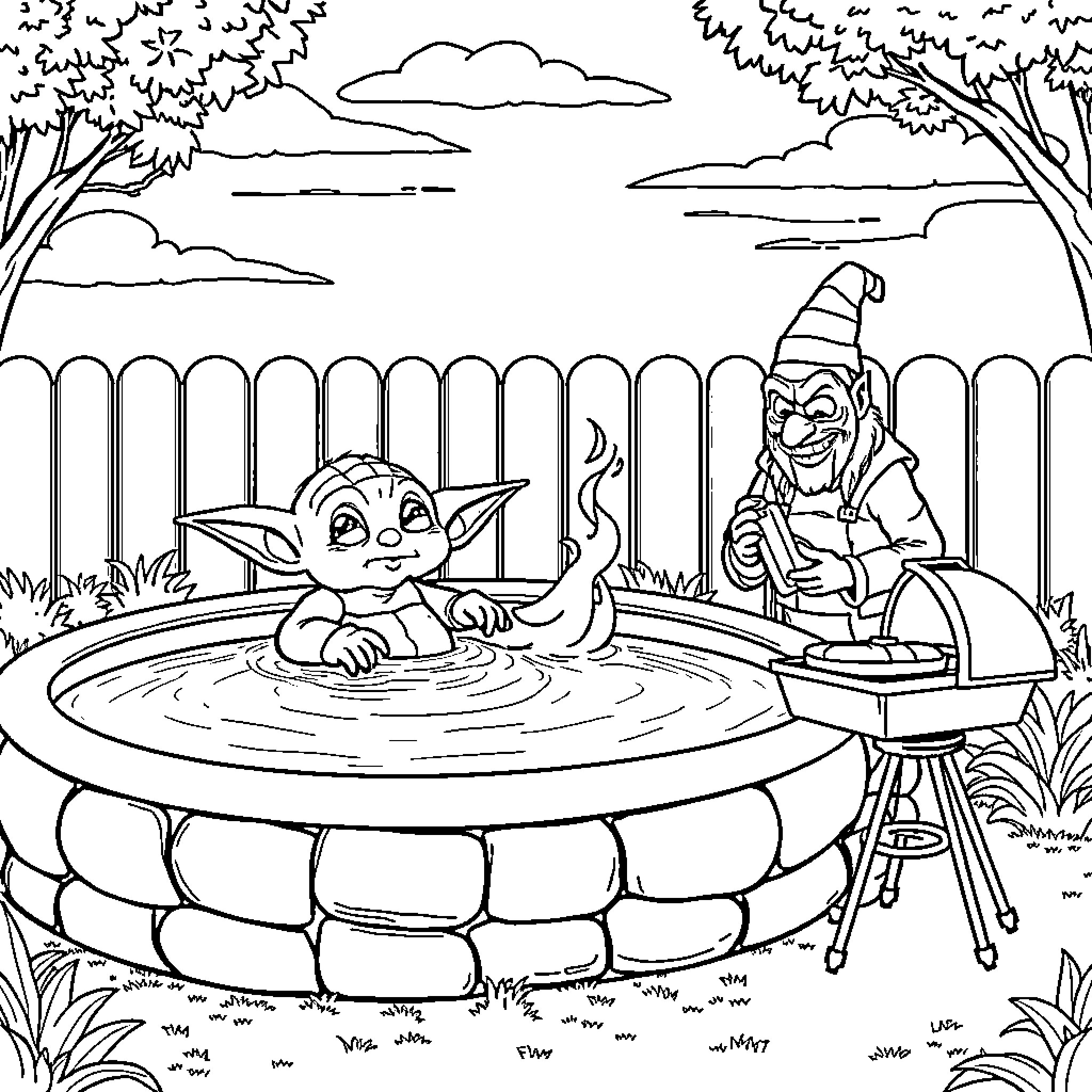 Yoda relaxing with a friend in a garden pond Coloring Page (free black-and-white line drawing printable PDF for all, from beginners to advanced learners, including children, teens, adults, and seniors)