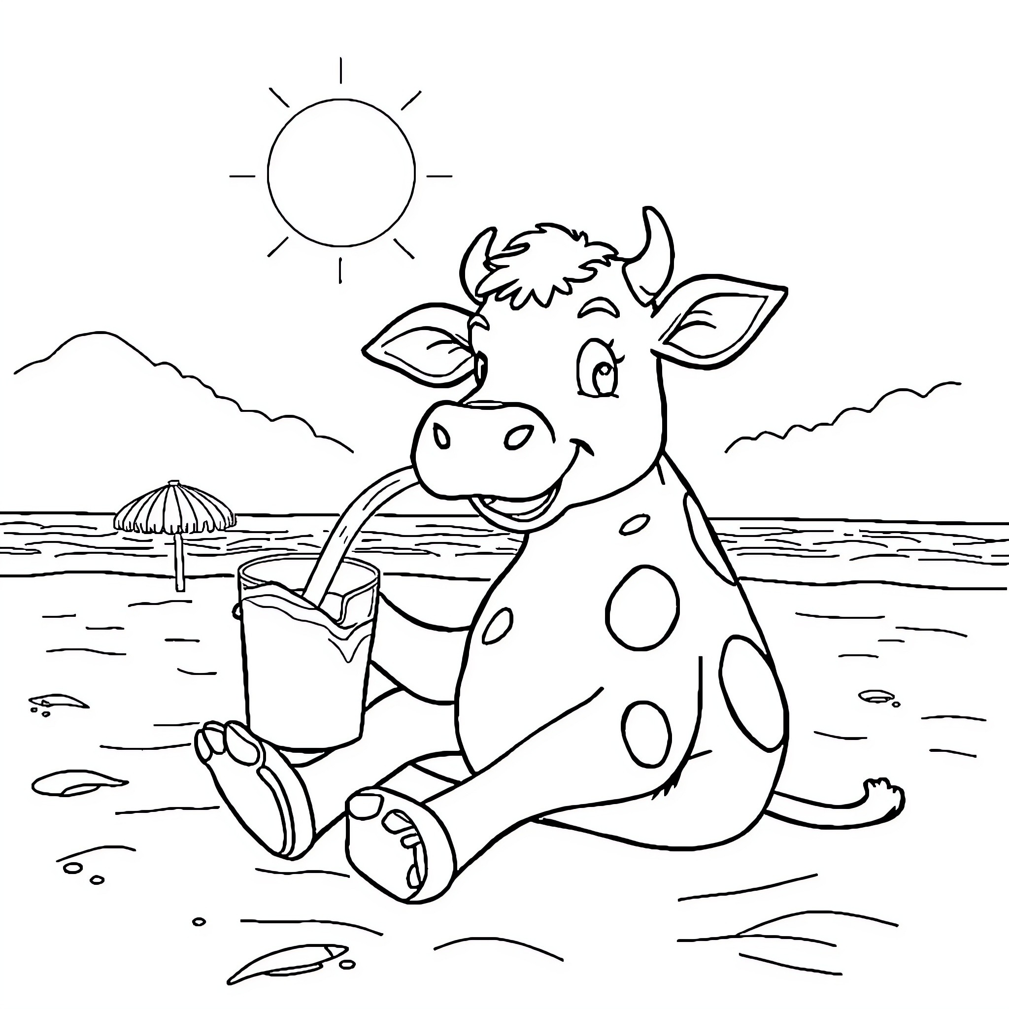 Cow relaxing on the beach with a drink Coloring Page (free black-and-white line drawing printable PDF for all, from beginners to advanced learners, including children, teens, adults, and seniors)