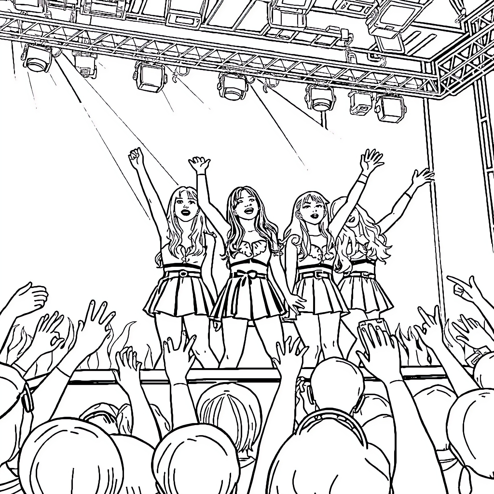 Blackpink Performing Energetically on Stage Coloring Page (free black-and-white line drawing printable PDF for all, from beginners to advanced learners, including children, teens, adults, and seniors)