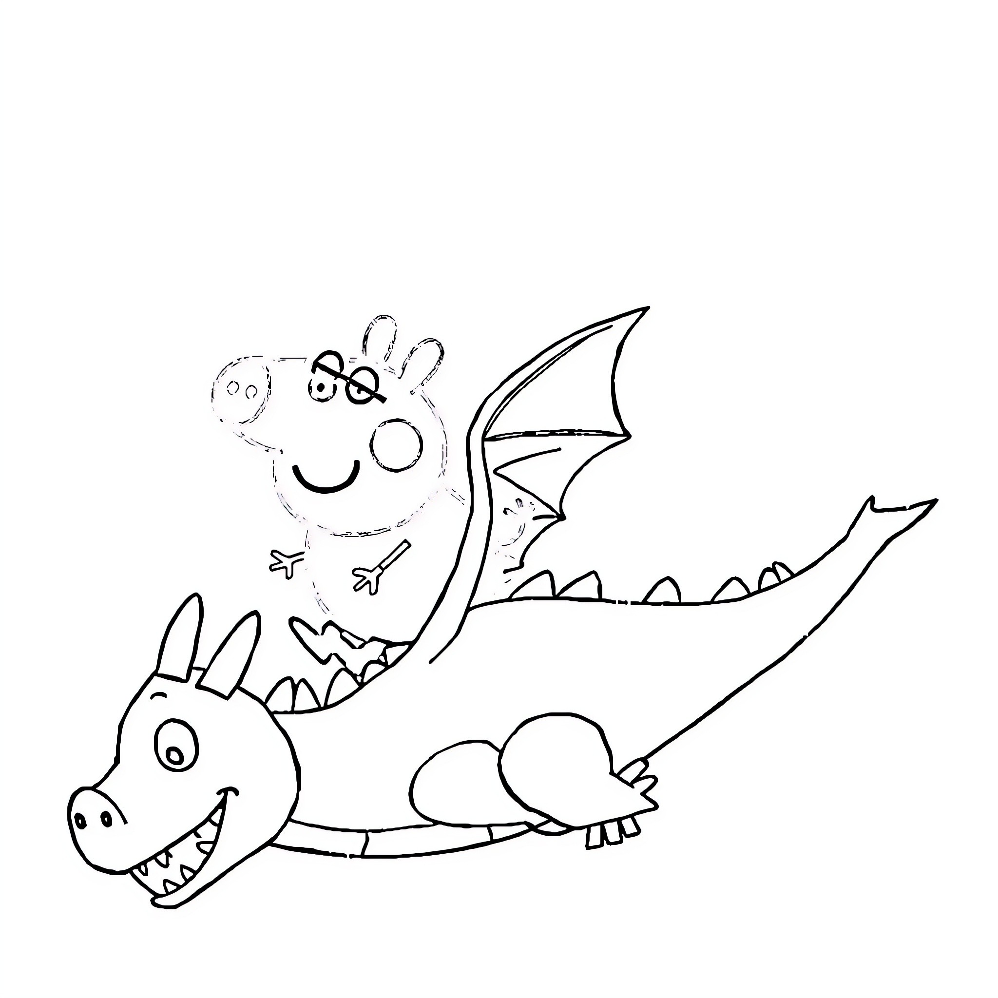 Peppa Pig's dragon friend soaring happily Coloring Page (free black-and-white line drawing printable PDF for all, from beginners to advanced learners, including children, teens, adults, and seniors)