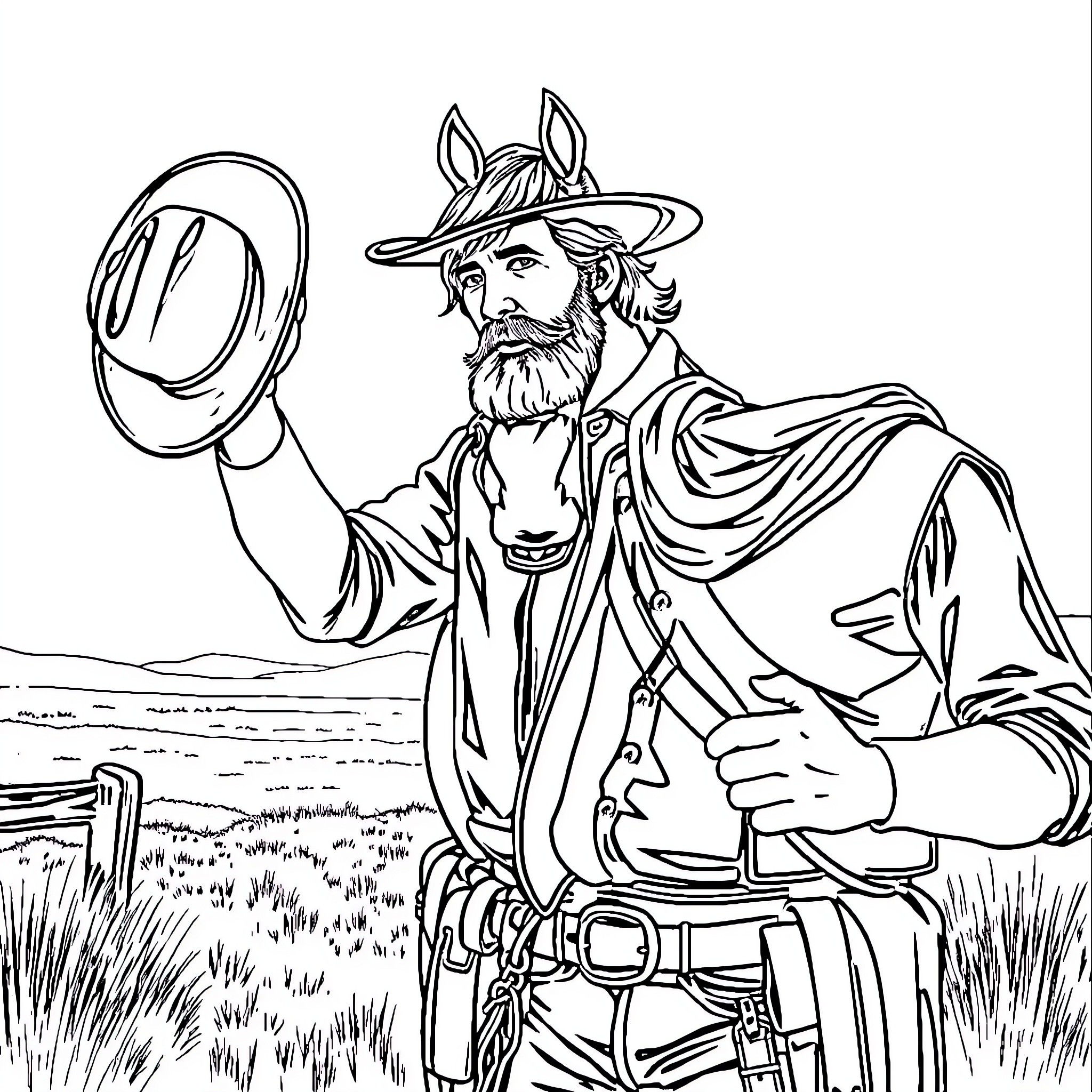 Arthur Morgan standing in the countryside Coloring Page (free black-and-white line drawing printable PDF for all, from beginners to advanced learners, including children, teens, adults, and seniors)