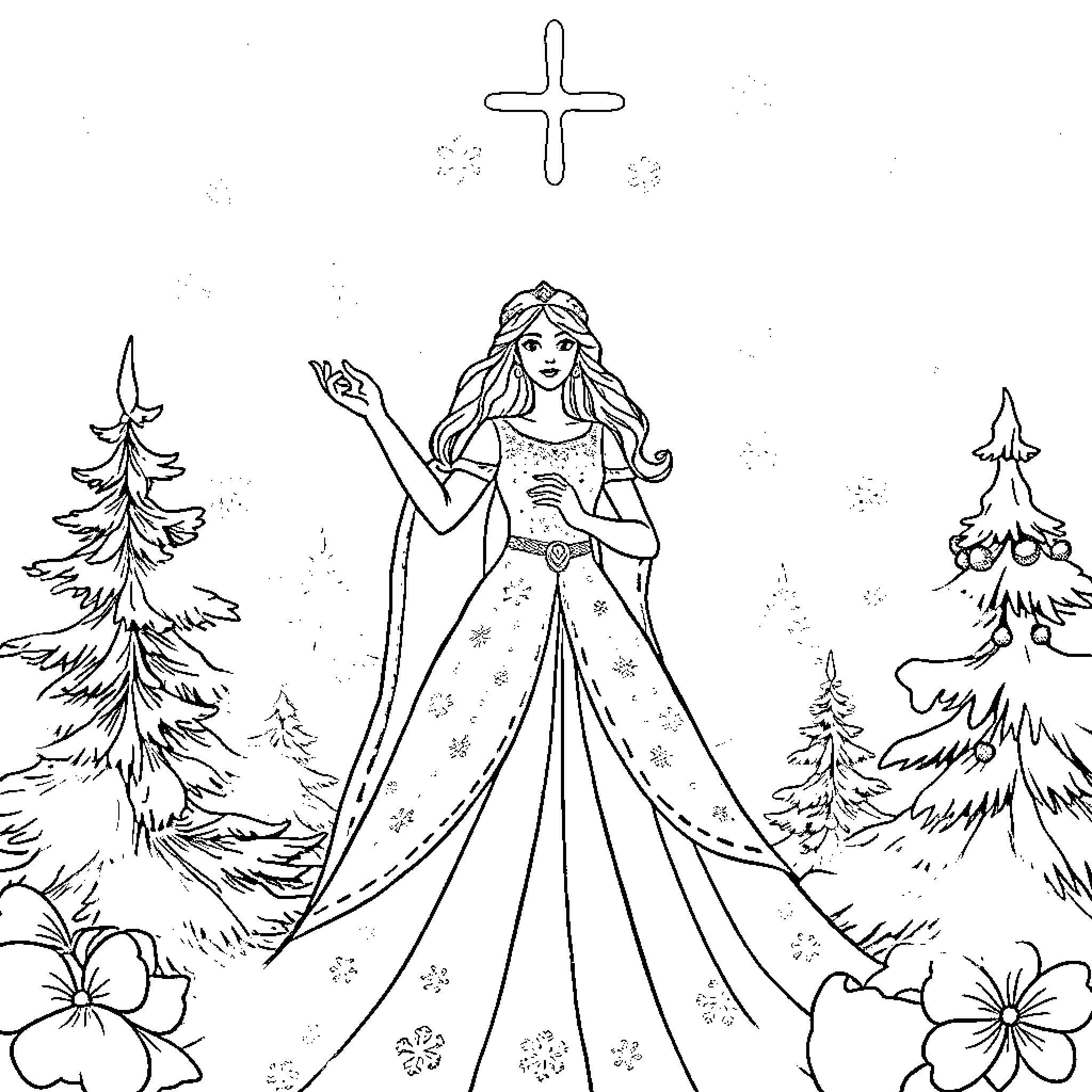 Snow Queen in Elegant Gown Amidst Winter Wonderland Coloring Page (free black-and-white line drawing printable PDF for all, from beginners to advanced learners, including children, teens, adults, and seniors)