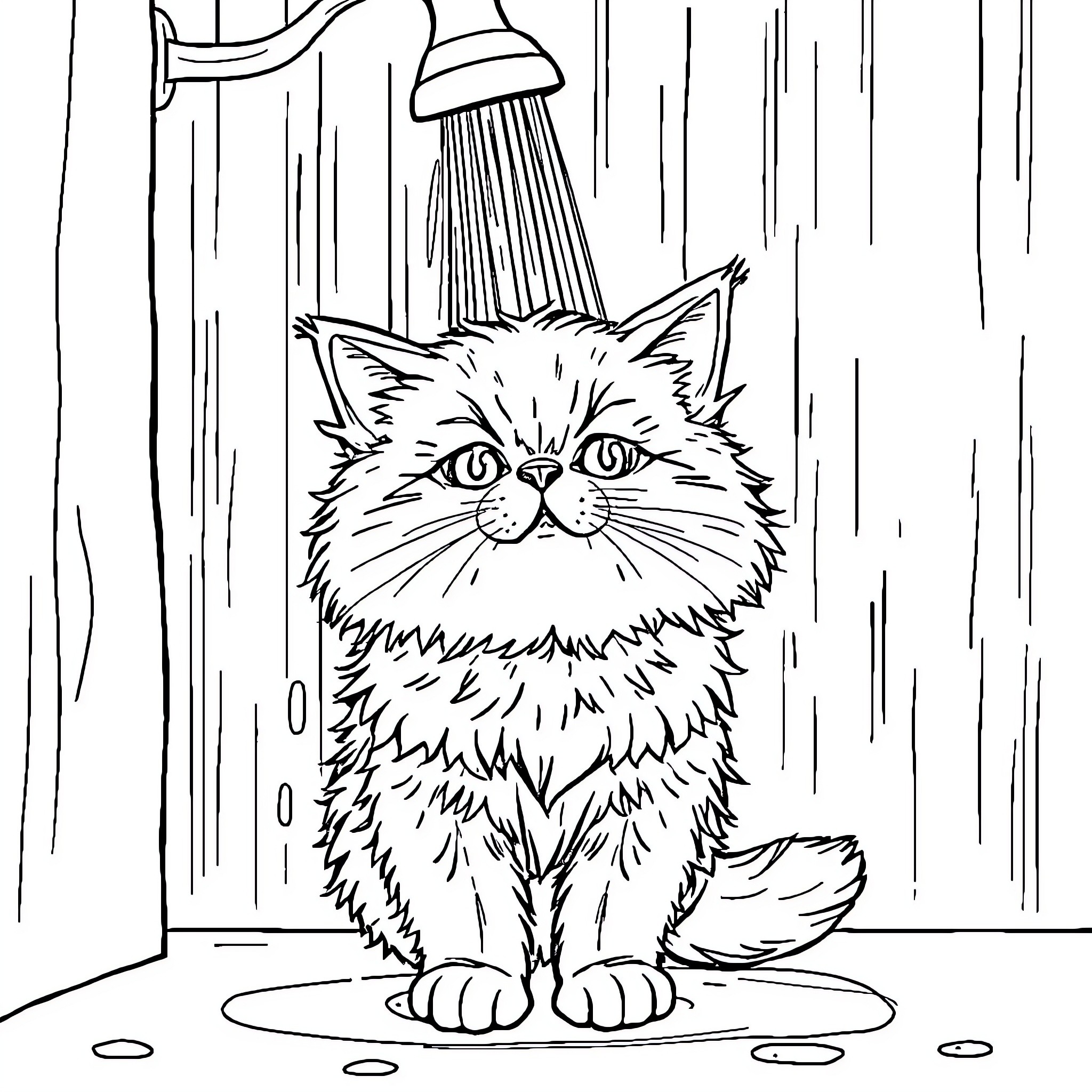 Cat getting a shower under a faucet Coloring Page (free black-and-white line drawing printable PDF for all, from beginners to advanced learners, including children, teens, adults, and seniors)