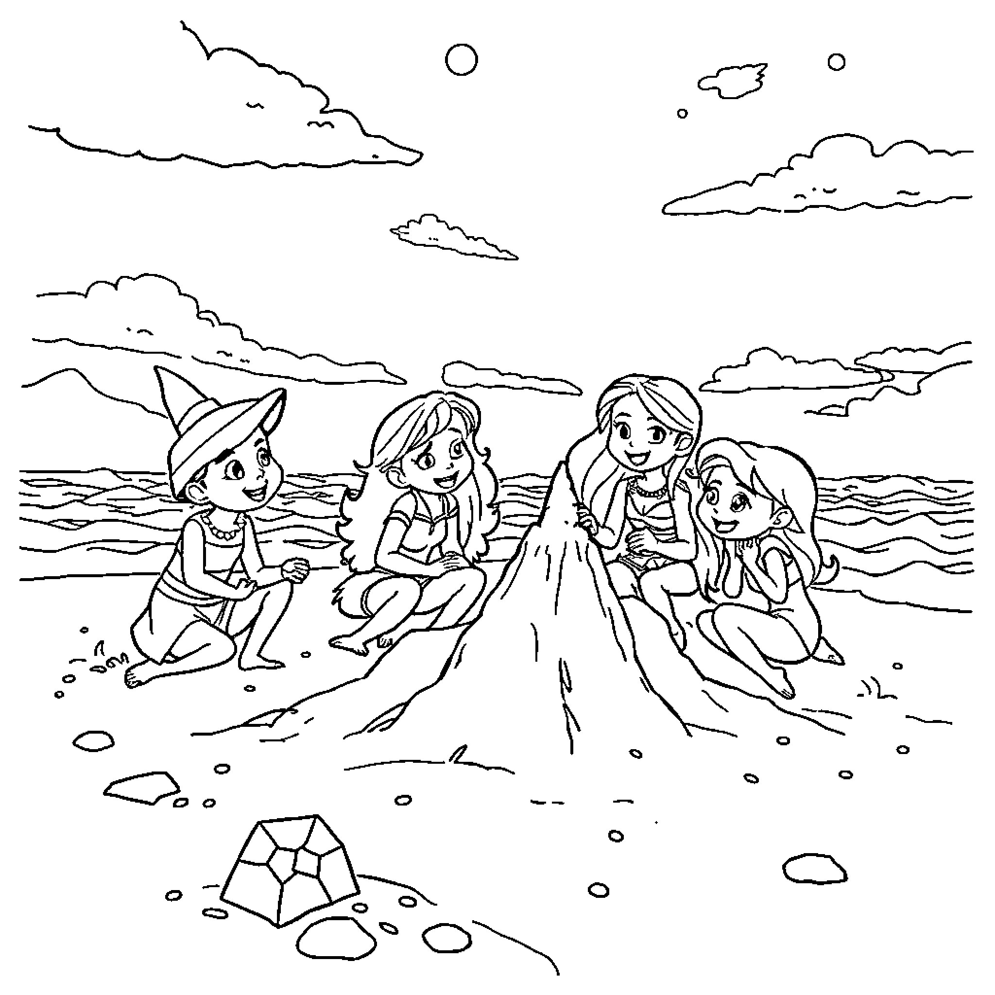 Delighted children playing on the beach Coloring Page (free black-and-white line drawing printable PDF for all, from beginners to advanced learners, including children, teens, adults, and seniors)