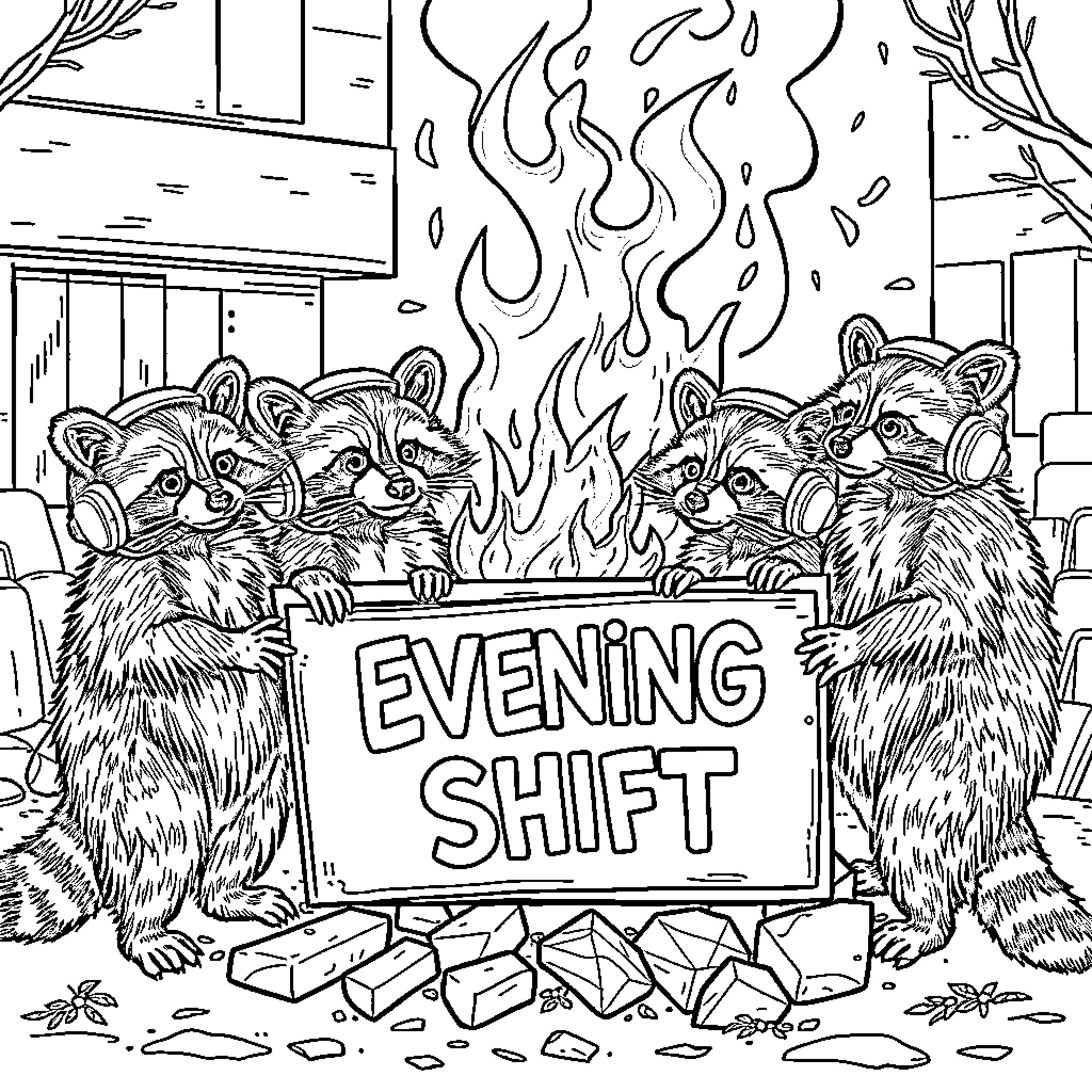 Raccoons working the evening shift at the factory Coloring Page (free black-and-white line drawing printable PDF for all, from beginners to advanced learners, including children, teens, adults, and seniors)