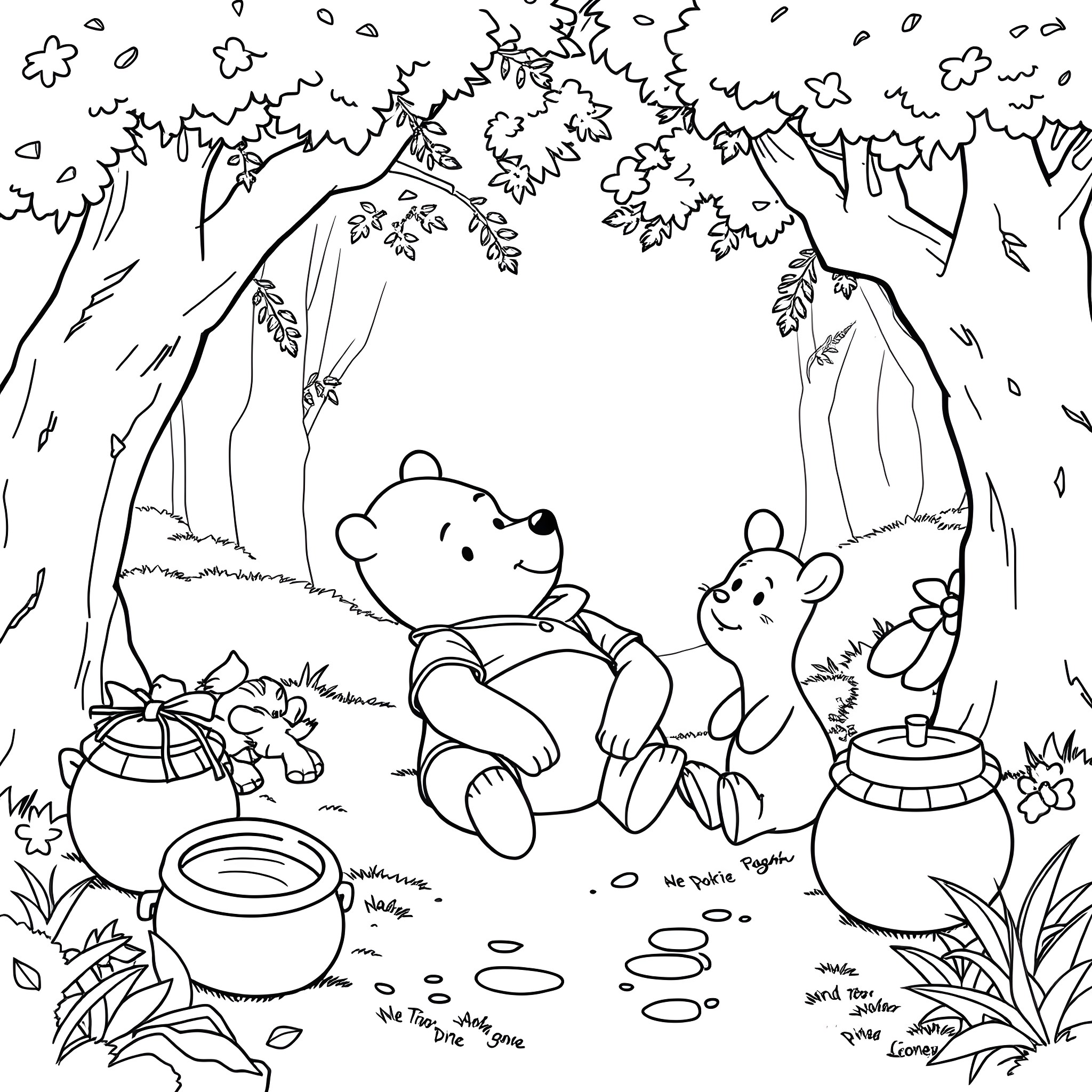 Winnie The Pooh and friends exploring the forest Coloring Page (free black-and-white line drawing printable PDF for all, from beginners to advanced learners, including children, teens, adults, and seniors)