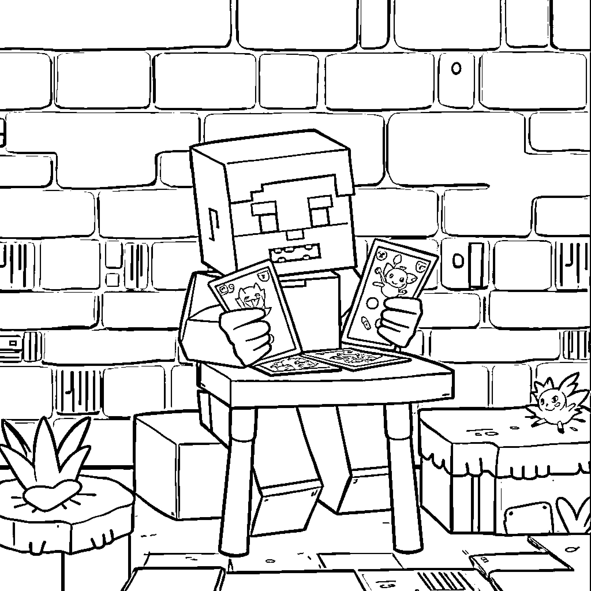 Minecraft Figure playing video game on computer Coloring Page (free black-and-white line drawing printable PDF for all, from beginners to advanced learners, including children, teens, adults, and seniors)