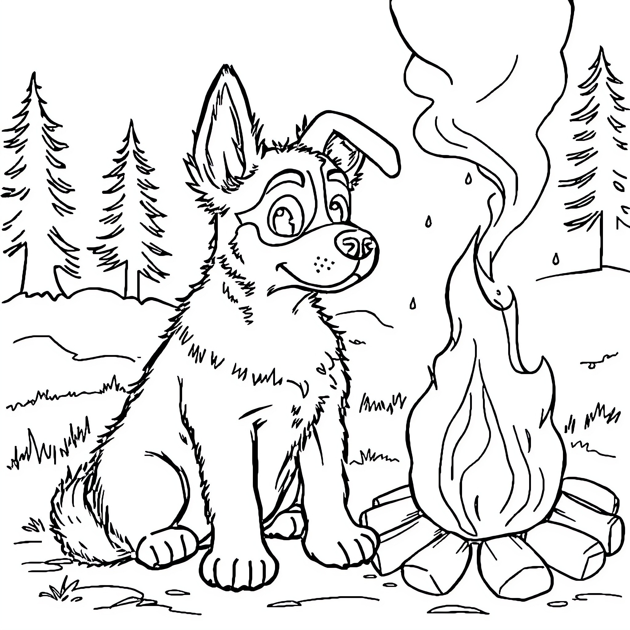 Dog Enjoying Campfire in the Woods Coloring Page (free black-and-white line drawing printable PDF for all, from beginners to advanced learners, including children, teens, adults, and seniors)
