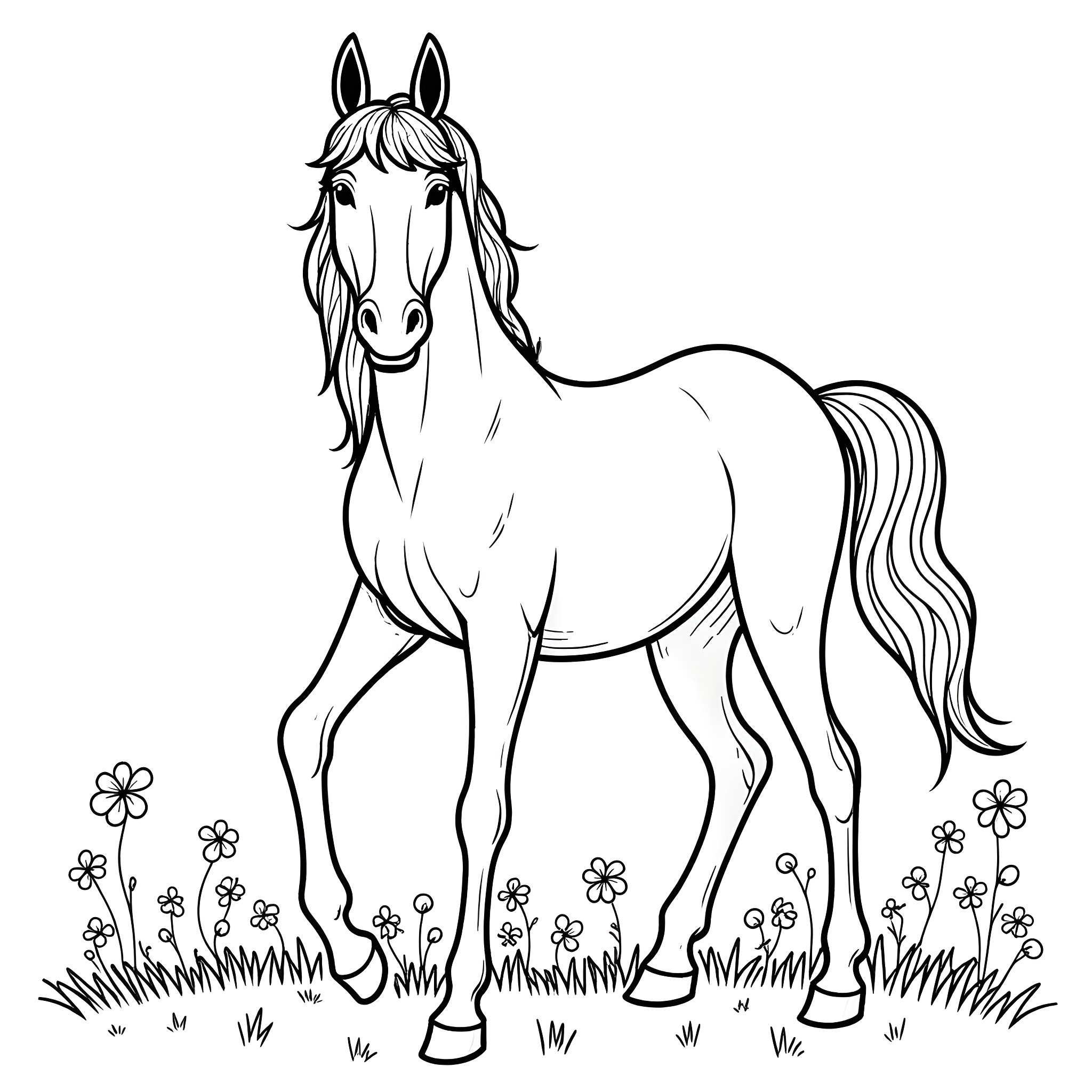 Palomino Horse Grazing in Meadow Coloring Page (free black-and-white line drawing printable PDF for all, from beginners to advanced learners, including children, teens, adults, and seniors)
