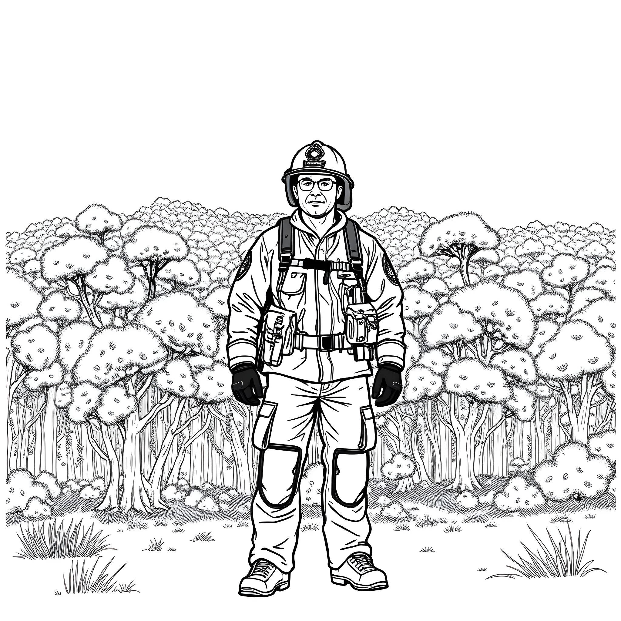 Fire Fighter Protecting Forest from Blazing Wildfire Coloring Page (free black-and-white line drawing printable PDF for all, from beginners to advanced learners, including children, teens, adults, and seniors)