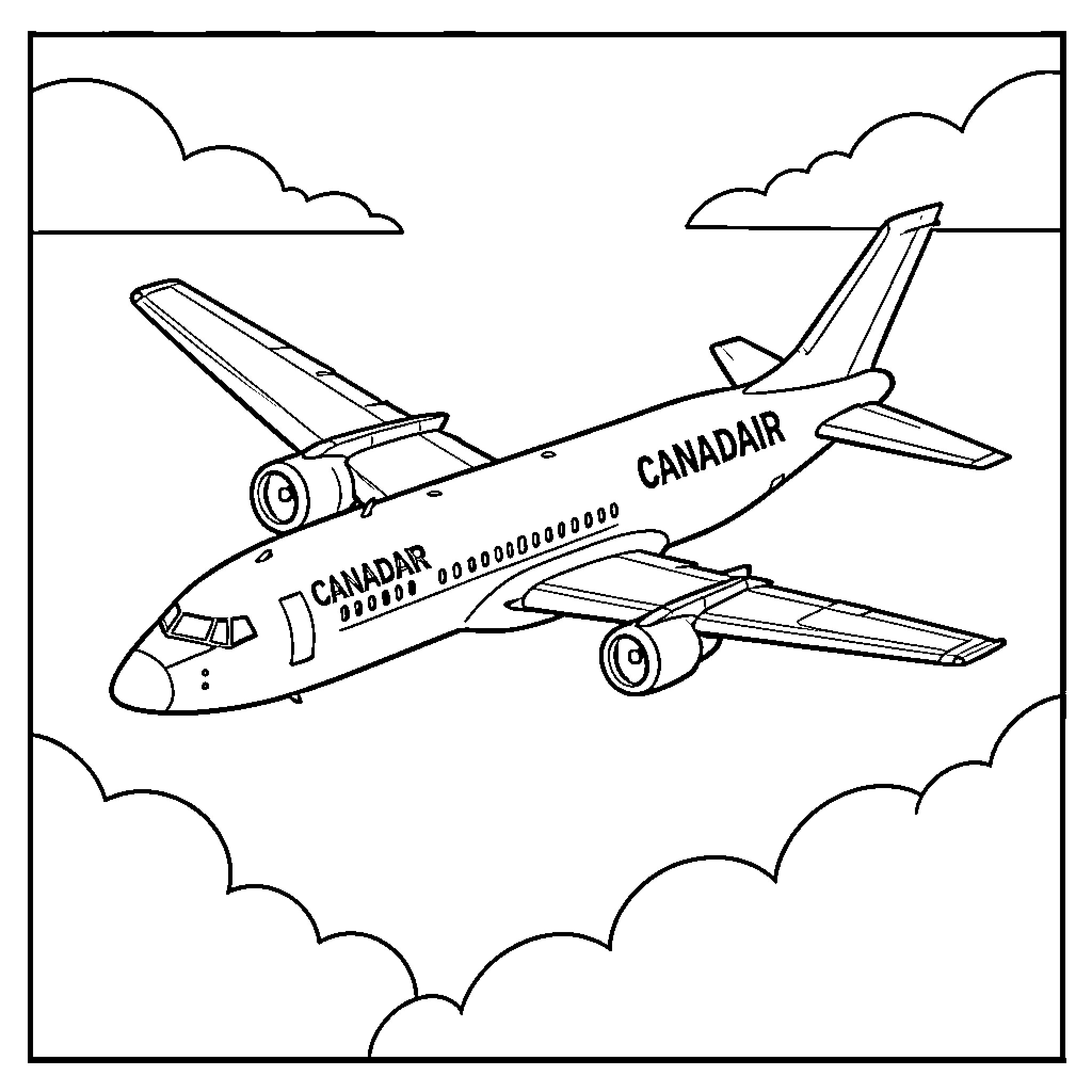 Canadair airplane flying through the clouds Coloring Page (free black-and-white line drawing printable PDF for all, from beginners to advanced learners, including children, teens, adults, and seniors)
