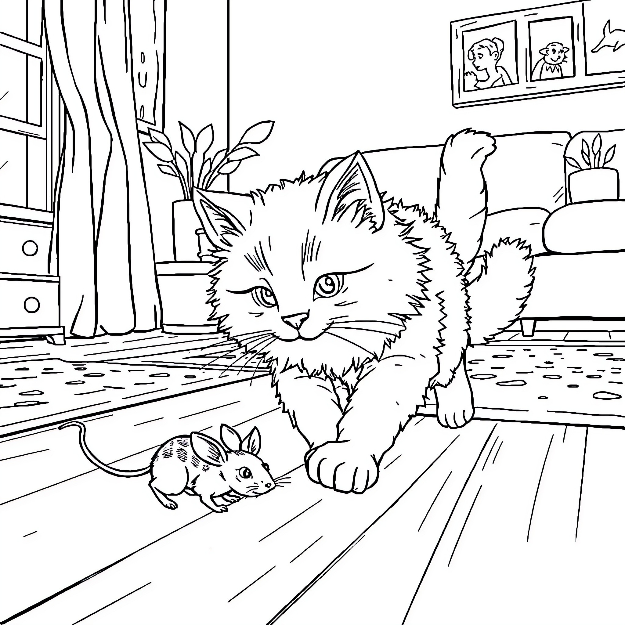 Cat exploring its indoor environment Coloring Page (free black-and-white line drawing printable PDF for all, from beginners to advanced learners, including children, teens, adults, and seniors)