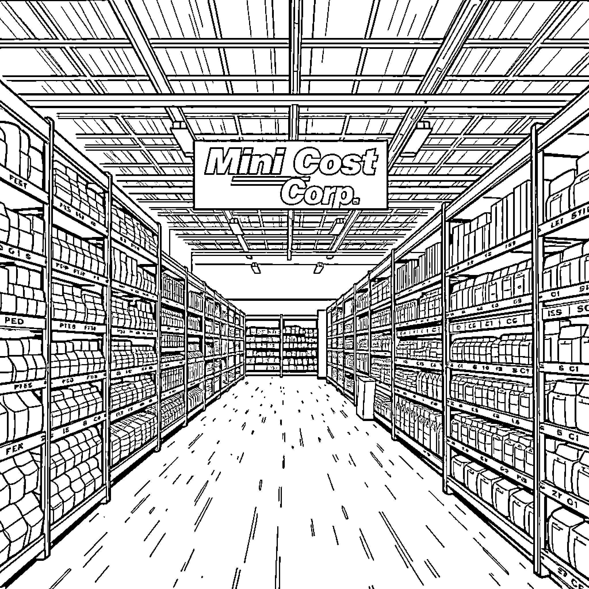 Grocery Store Aisles with Shelves and Signage Coloring Page (free black-and-white line drawing printable PDF for all, from beginners to advanced learners, including children, teens, adults, and seniors)