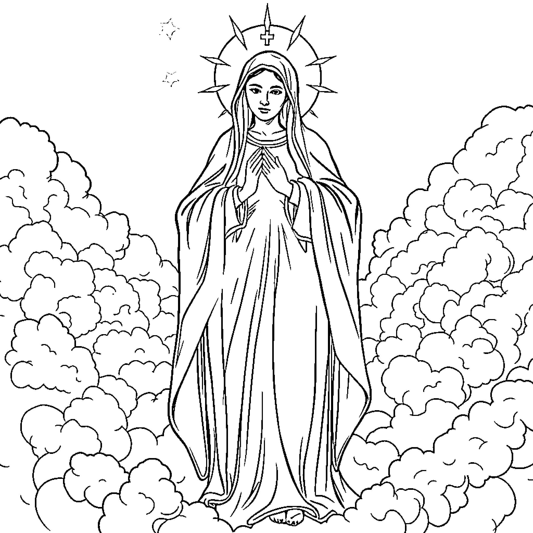 Mary in a serene, heavenly scene Coloring Page (free black-and-white line drawing printable PDF for all, from beginners to advanced learners, including children, teens, adults, and seniors)