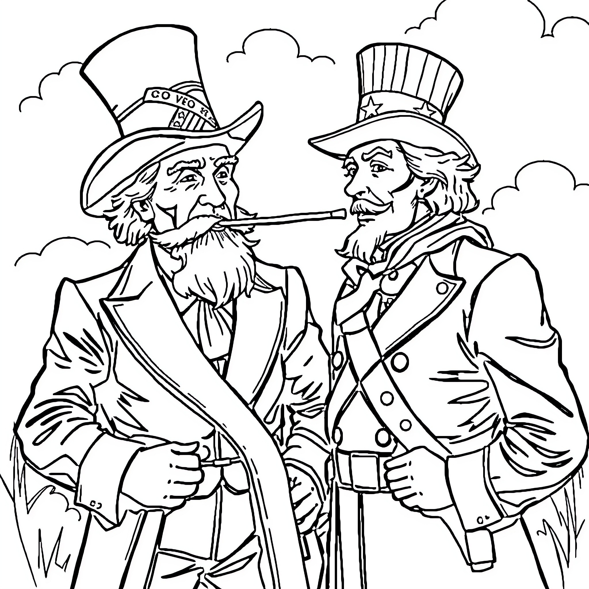 Soldiers in Discussion with Patriotic Uniforms Coloring Page (free black-and-white line drawing printable PDF for all, from beginners to advanced learners, including children, teens, adults, and seniors)
