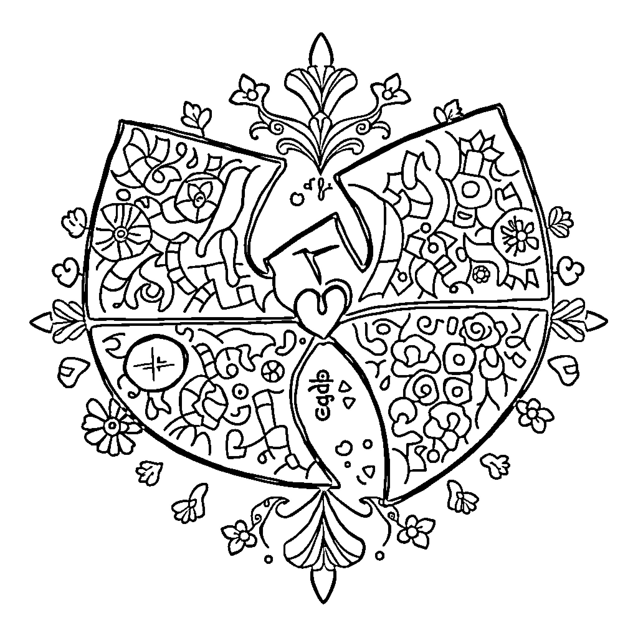 Wu Tang Logo with Ornate Floral Elements Coloring Page (free black-and-white line drawing printable PDF for all, from beginners to advanced learners, including children, teens, adults, and seniors)