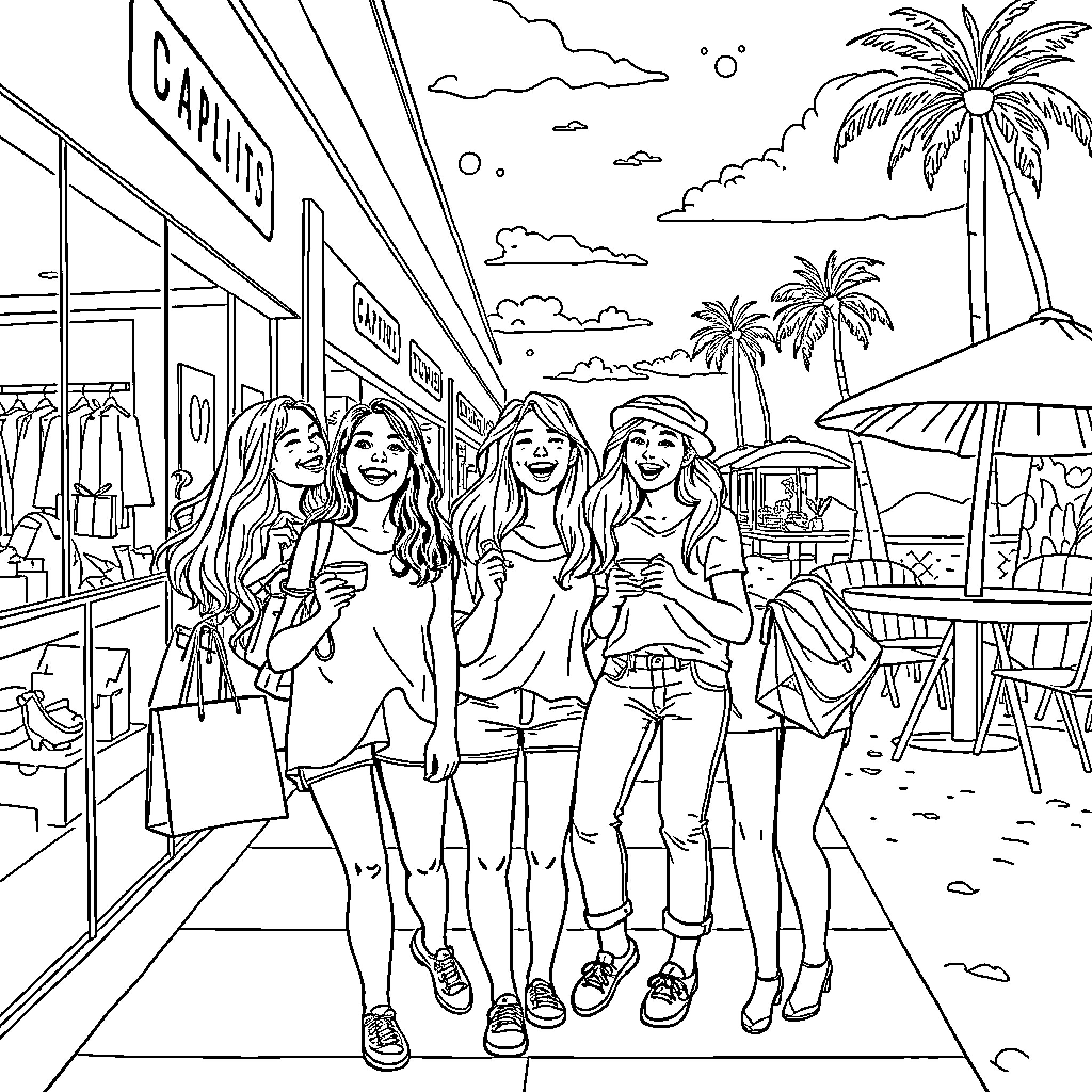 Teen friends shopping on a sunny beach day Coloring Page (free black-and-white line drawing printable PDF for all, from beginners to advanced learners, including children, teens, adults, and seniors)