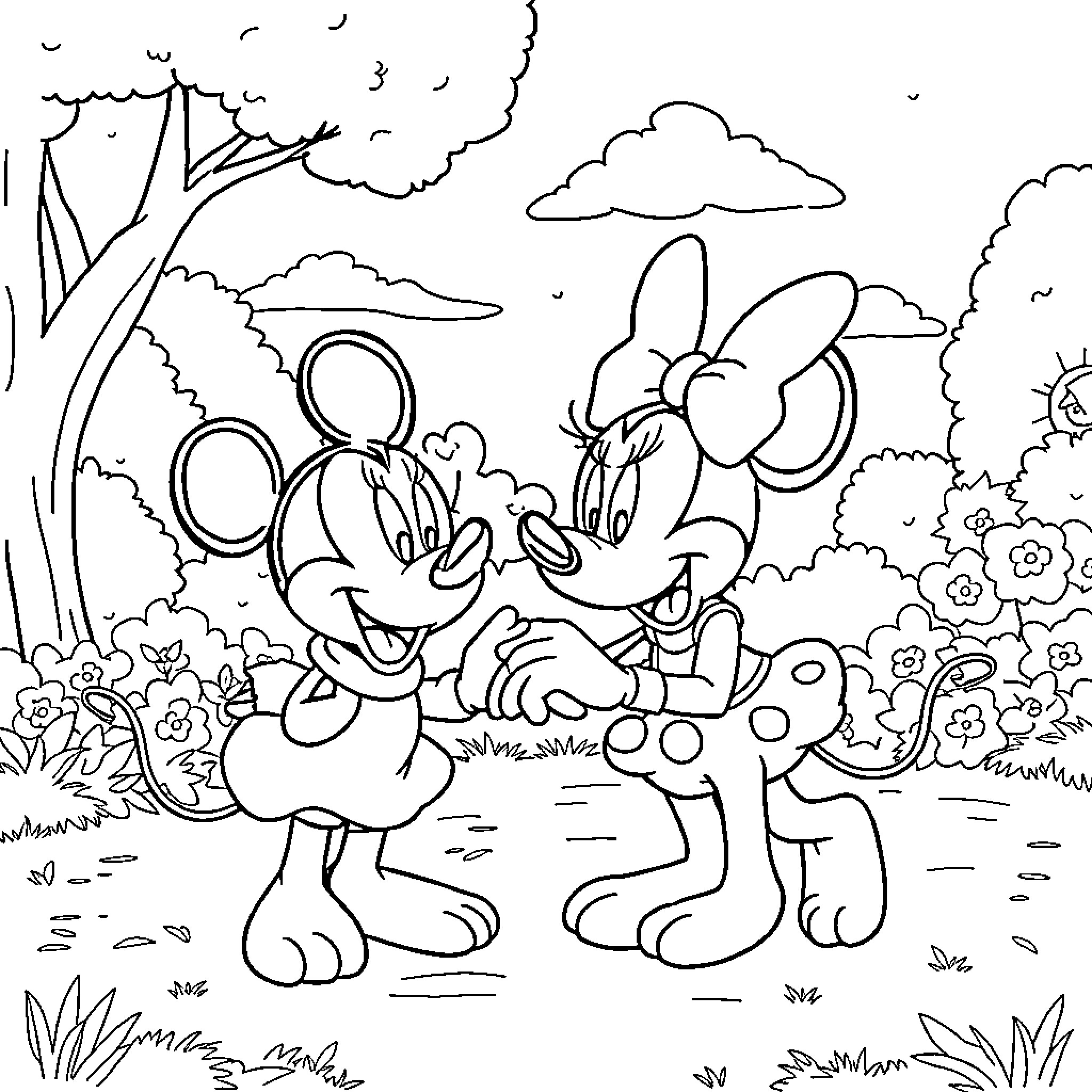 Minnie and Mickey enjoying the outdoors Coloring Page (free black-and-white line drawing printable PDF for all, from beginners to advanced learners, including children, teens, adults, and seniors)