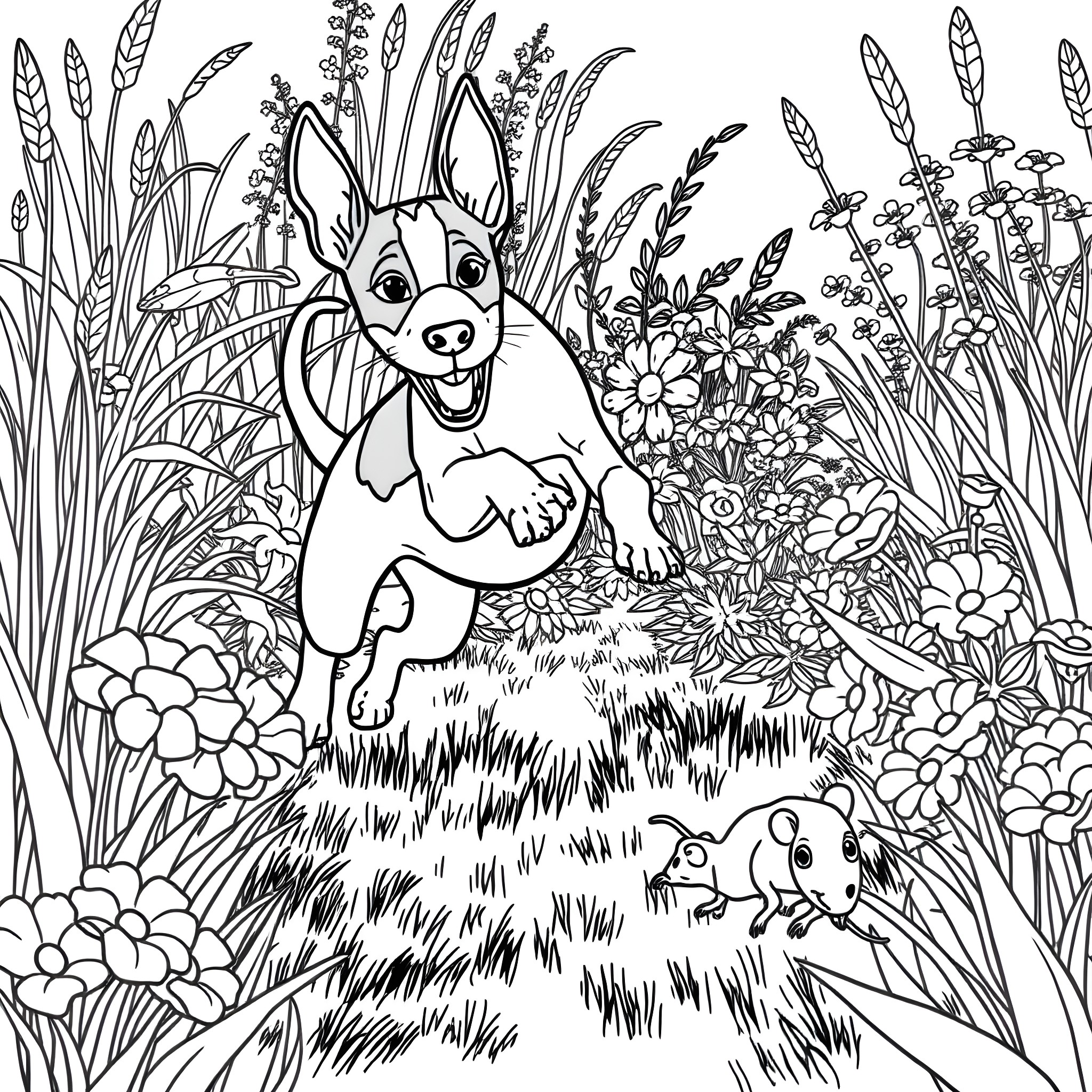 Rat Terrier exploring a lush garden Coloring Page (free black-and-white line drawing printable PDF for all, from beginners to advanced learners, including children, teens, adults, and seniors)