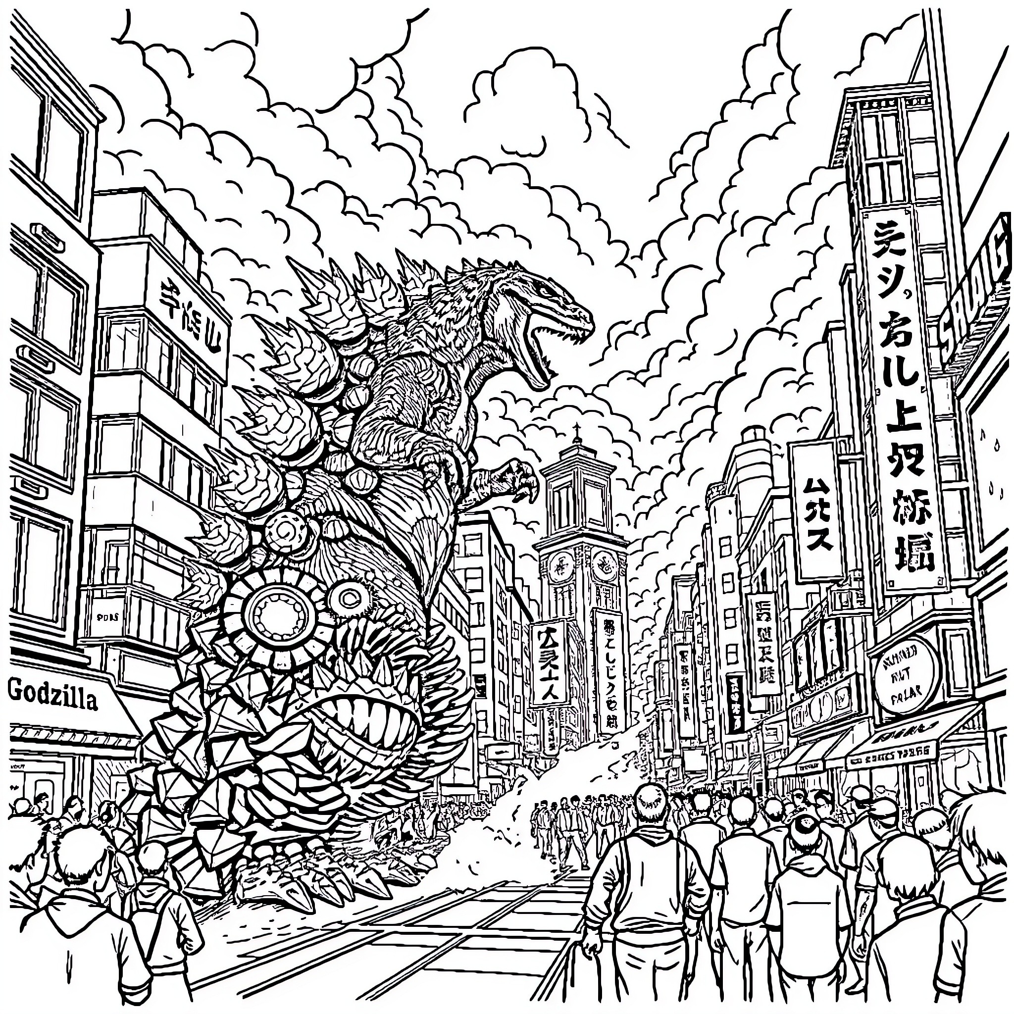 Godzilla rampaging through a busy city Coloring Page (free black-and-white line drawing printable PDF for all, from beginners to advanced learners, including children, teens, adults, and seniors)