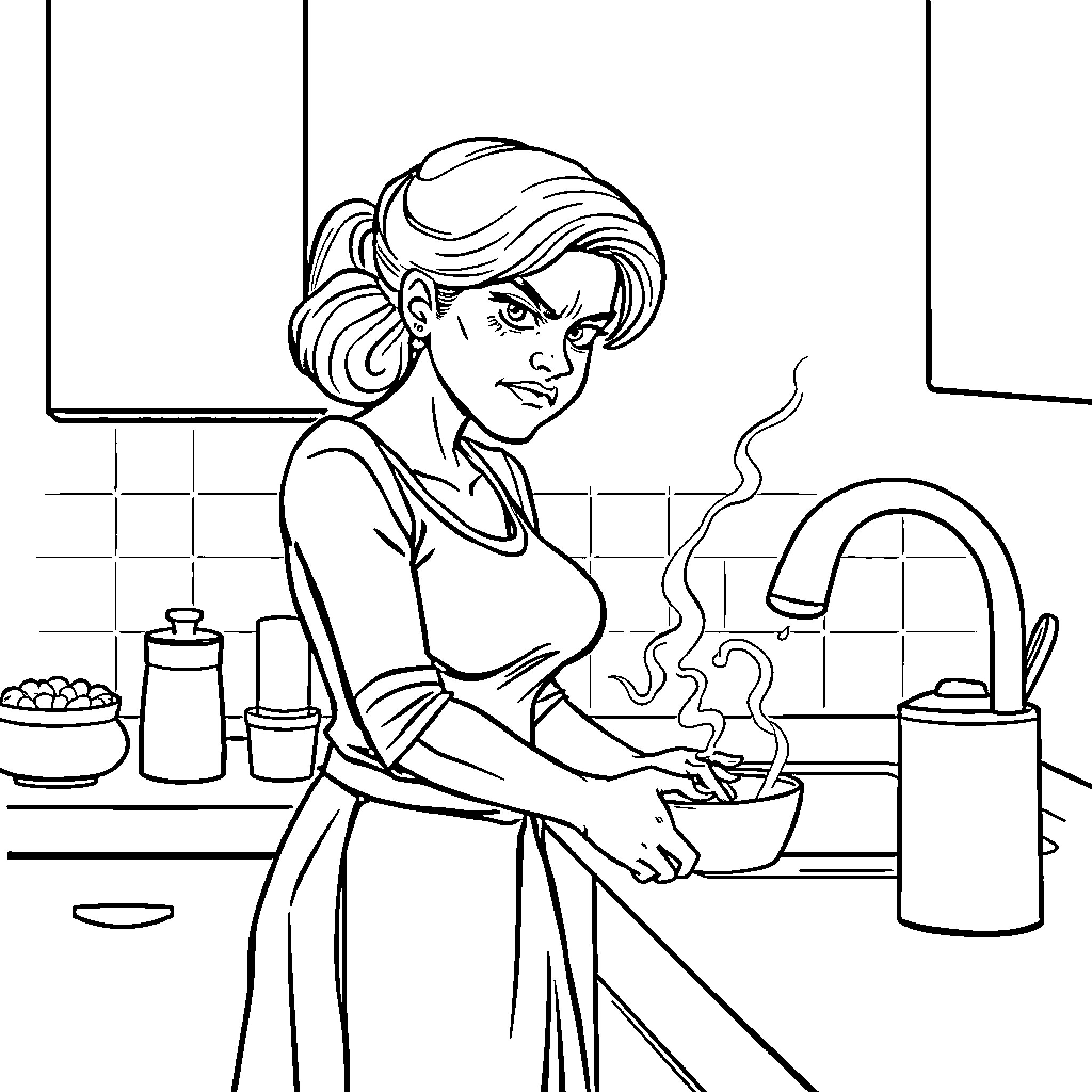 Wife in kitchen preparing a meal Coloring Page (free black-and-white line drawing printable PDF for all, from beginners to advanced learners, including children, teens, adults, and seniors)