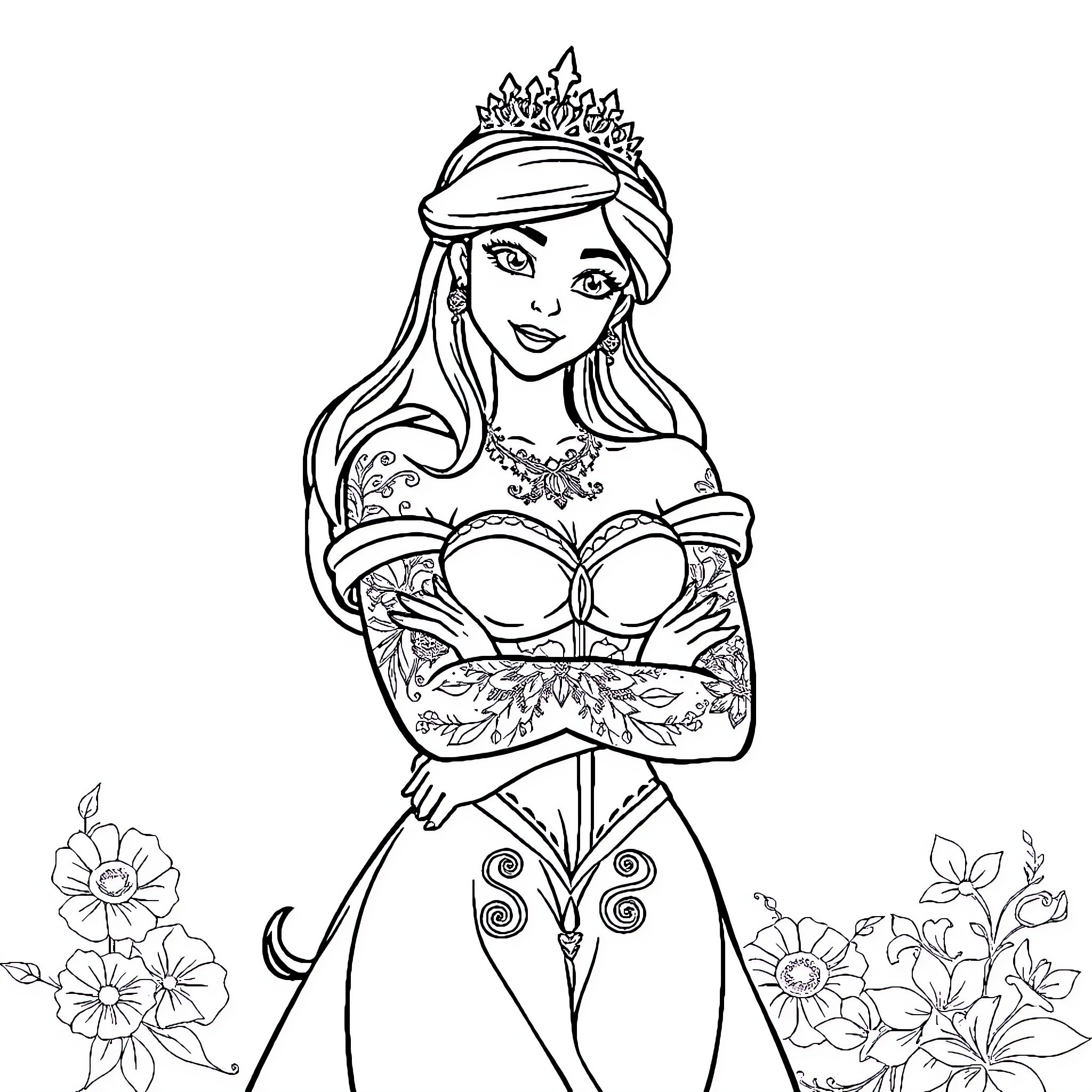 Disney Princess in Ornate Dress and Tiara Coloring Page (free black-and-white line drawing printable PDF for all, from beginners to advanced learners, including children, teens, adults, and seniors)