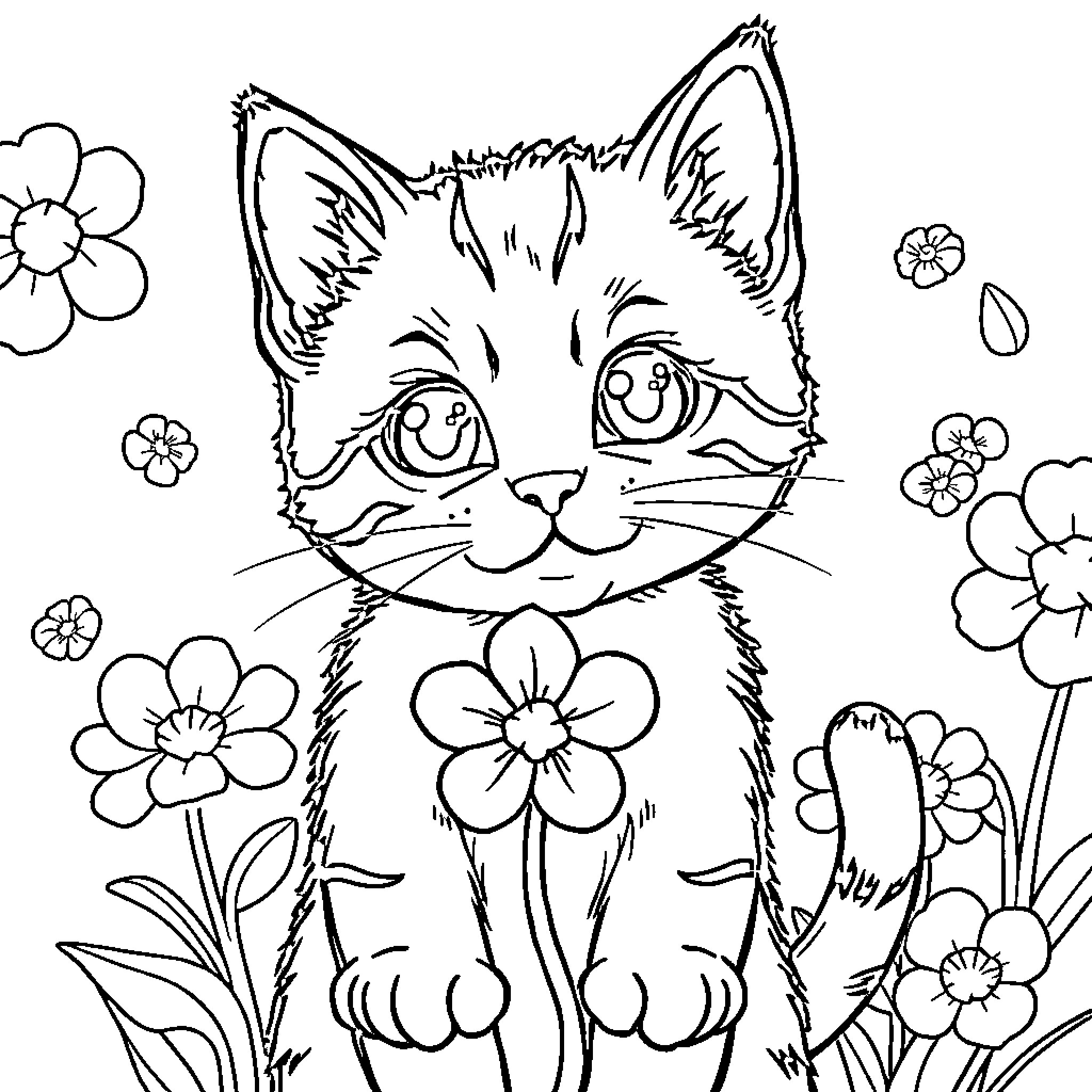 Cat playing with flowers in the garden Coloring Page (free black-and-white line drawing printable PDF for all, from beginners to advanced learners, including children, teens, adults, and seniors)
