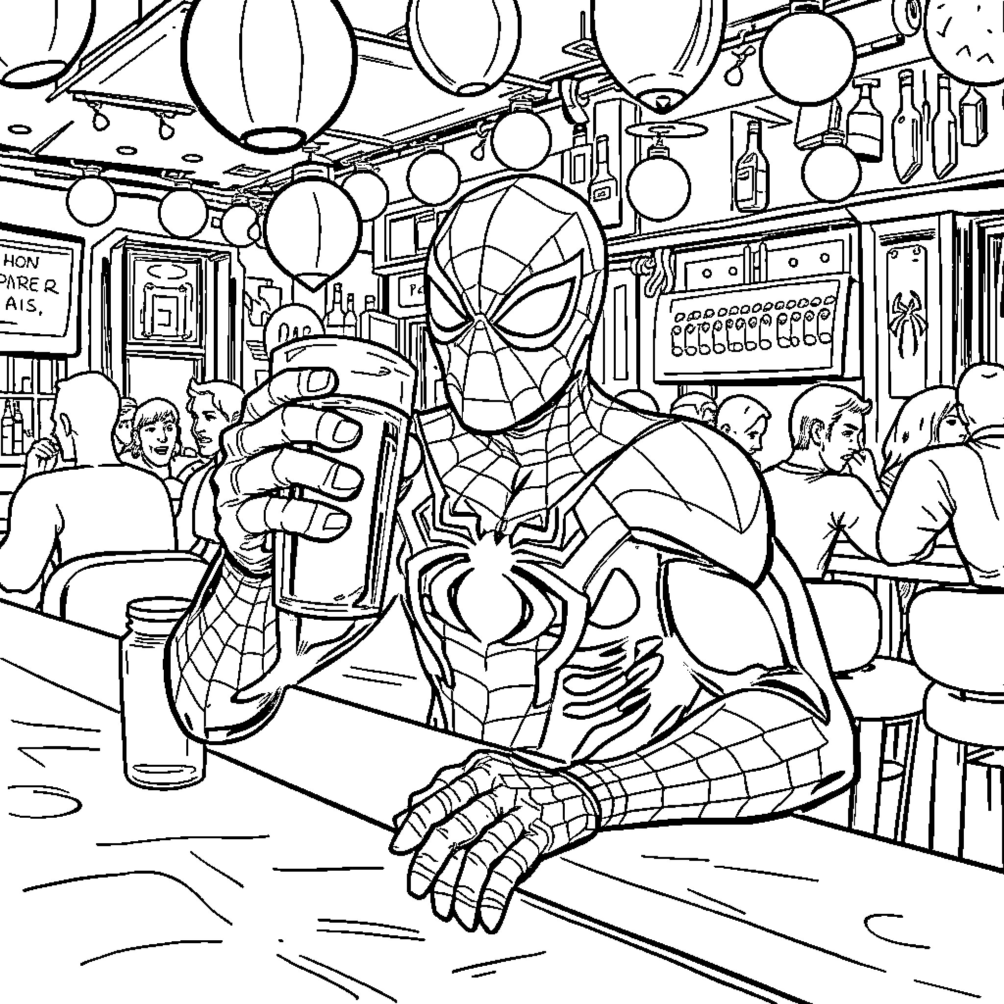 Spider-Man swinging through a crowded city scene Coloring Page (free black-and-white line drawing printable PDF for all, from beginners to advanced learners, including children, teens, adults, and seniors)