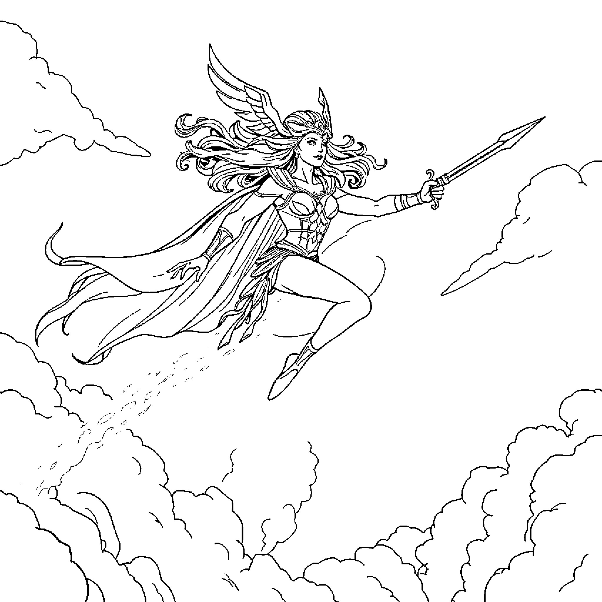 She-Ra charging into battle with sword in hand Coloring Page (free black-and-white line drawing printable PDF for all, from beginners to advanced learners, including children, teens, adults, and seniors)