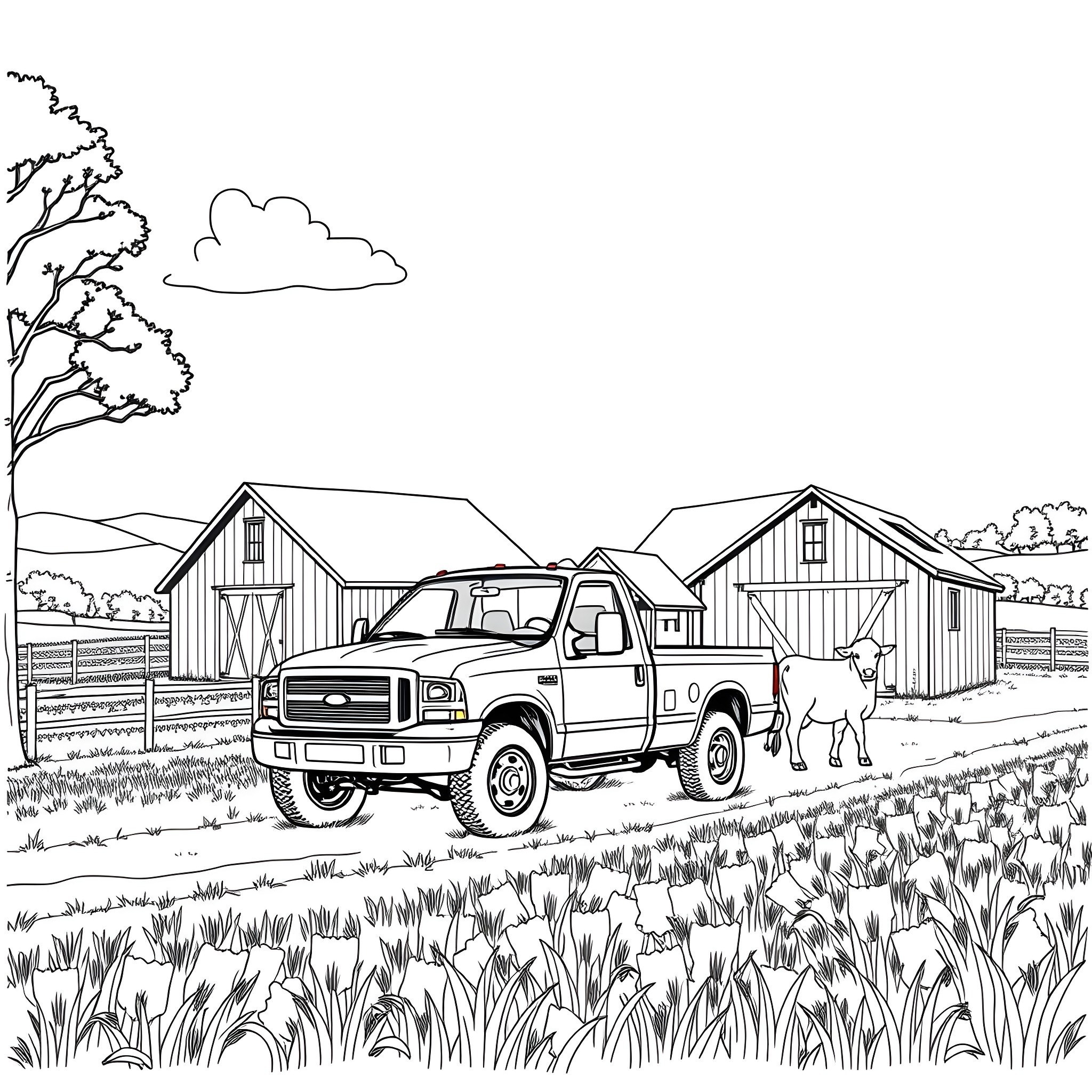 Pickup truck in a rural countryside scene Coloring Page (free black-and-white line drawing printable PDF for all, from beginners to advanced learners, including children, teens, adults, and seniors)