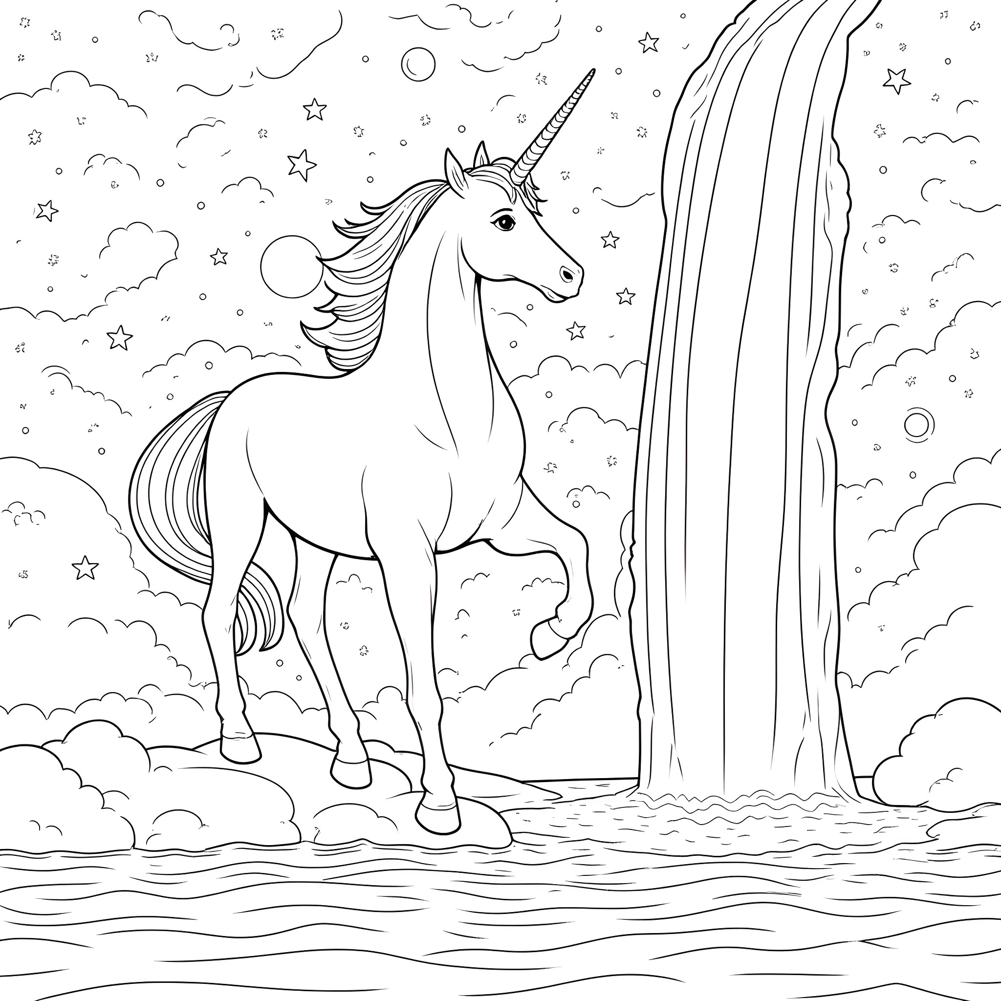 Unicorn standing near a magical waterfall Coloring Page (free black-and-white line drawing printable PDF for all, from beginners to advanced learners, including children, teens, adults, and seniors)