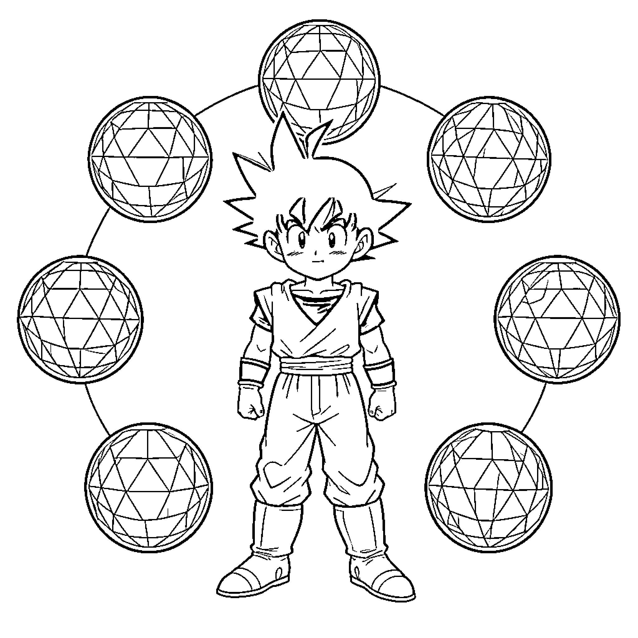 Picolo character standing amidst floating mystical orbs Coloring Page (free black-and-white line drawing printable PDF for all, from beginners to advanced learners, including children, teens, adults, and seniors)