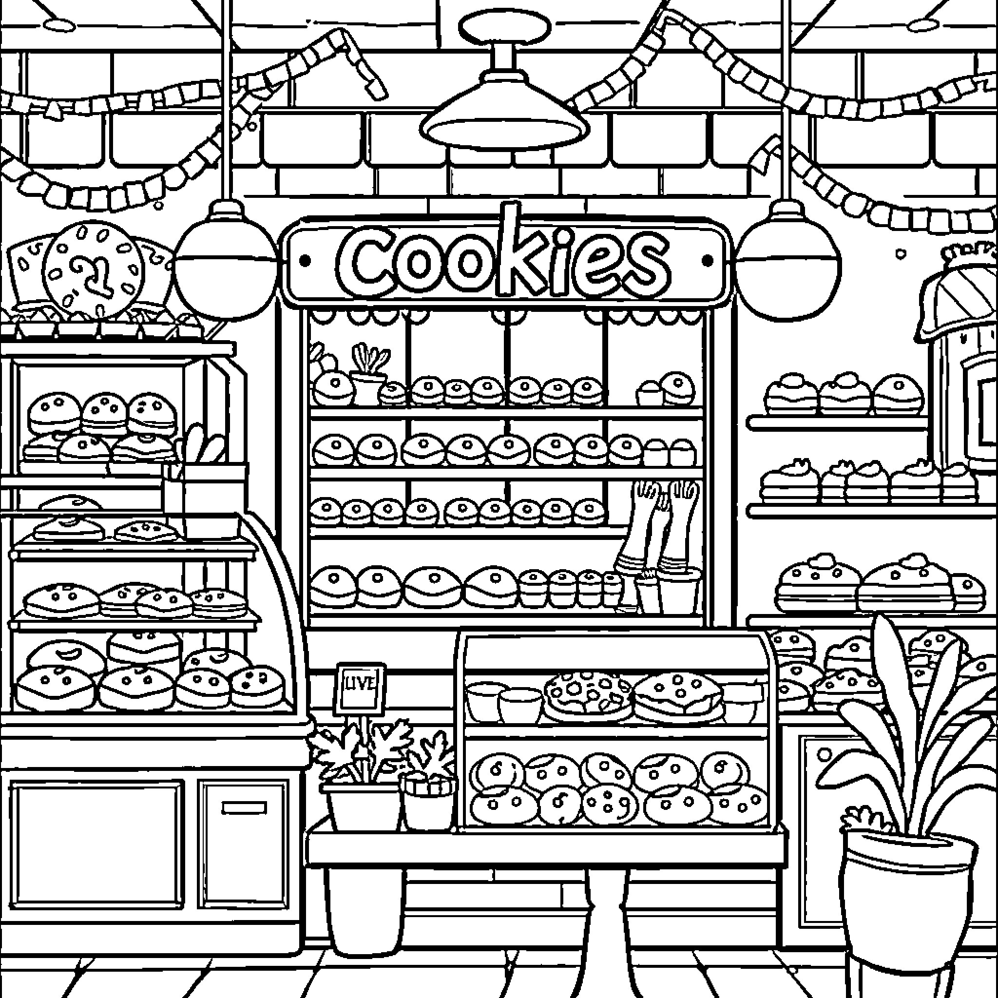 Cookie Shop with Festive Decor Coloring Page (free black-and-white line drawing printable PDF for all, from beginners to advanced learners, including children, teens, adults, and seniors)