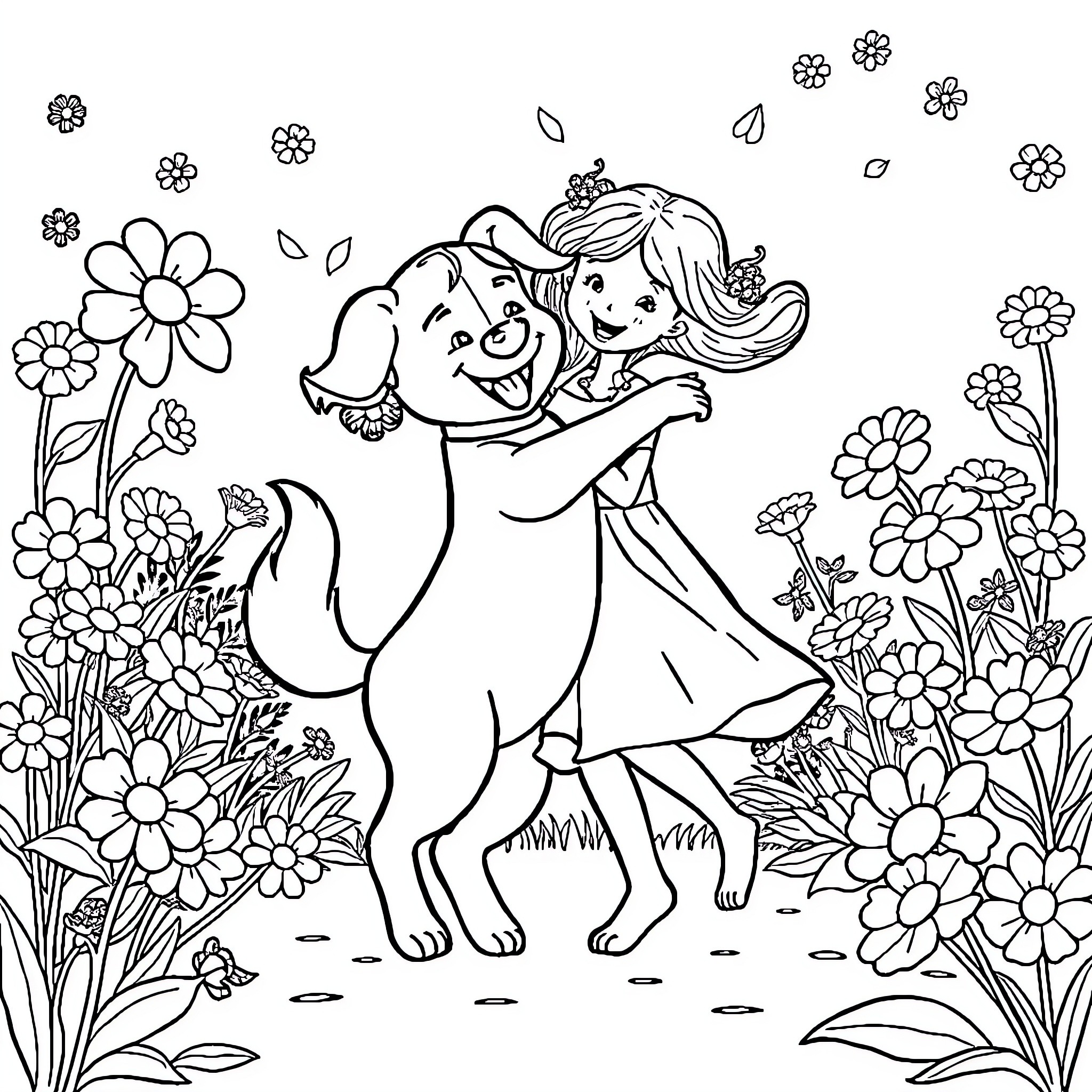 Dog and girl playing happily in a flower garden Coloring Page (free black-and-white line drawing printable PDF for all, from beginners to advanced learners, including children, teens, adults, and seniors)