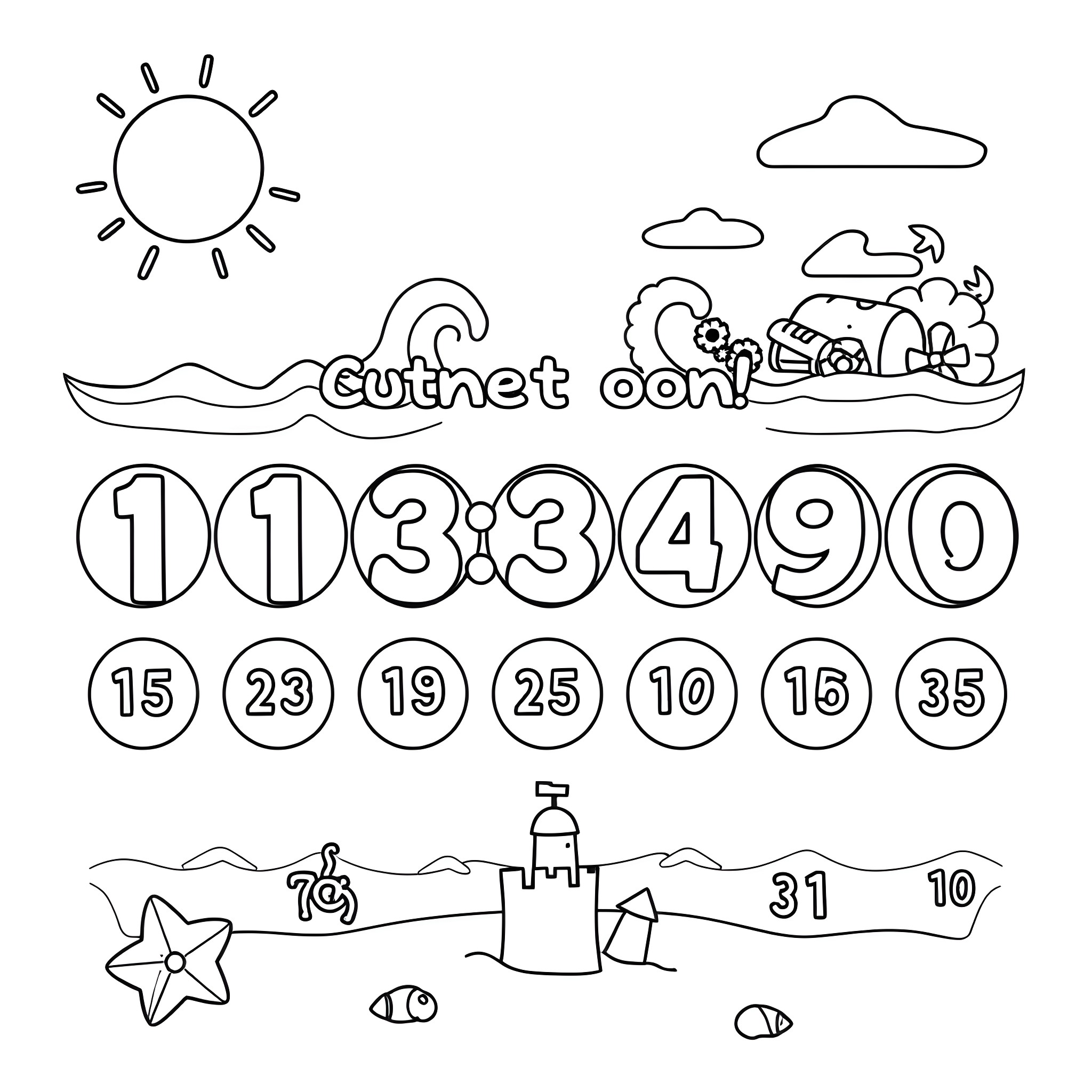Beach Vacation with Numeric Countdown Coloring Page (free black-and-white line drawing printable PDF for all, from beginners to advanced learners, including children, teens, adults, and seniors)