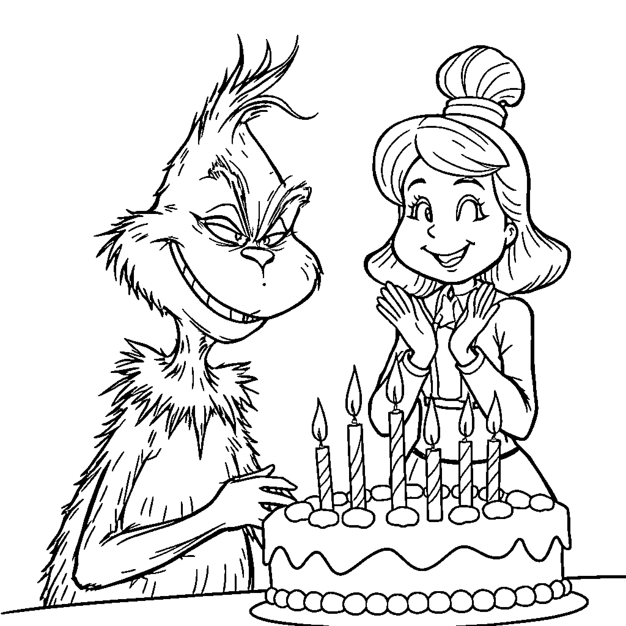 Grinch and cheerful girl celebrate birthday Coloring Page (free black-and-white line drawing printable PDF for all, from beginners to advanced learners, including children, teens, adults, and seniors)