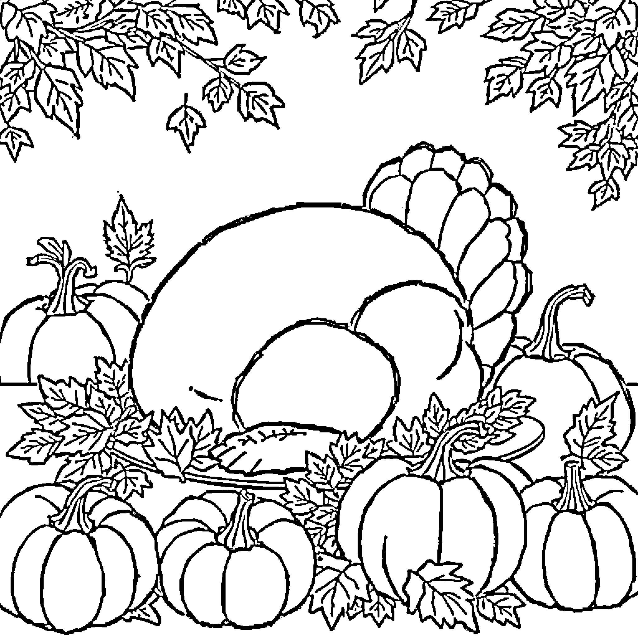 Turkey surrounded by autumn leaves and pumpkins Coloring Page (free black-and-white line drawing printable PDF for all, from beginners to advanced learners, including children, teens, adults, and seniors)