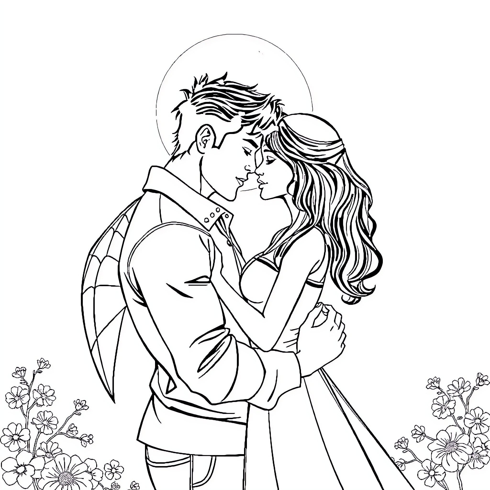 Spider-Man and partner embrace lovingly surrounded by flowers Coloring Page (free black-and-white line drawing printable PDF for all, from beginners to advanced learners, including children, teens, adults, and seniors)