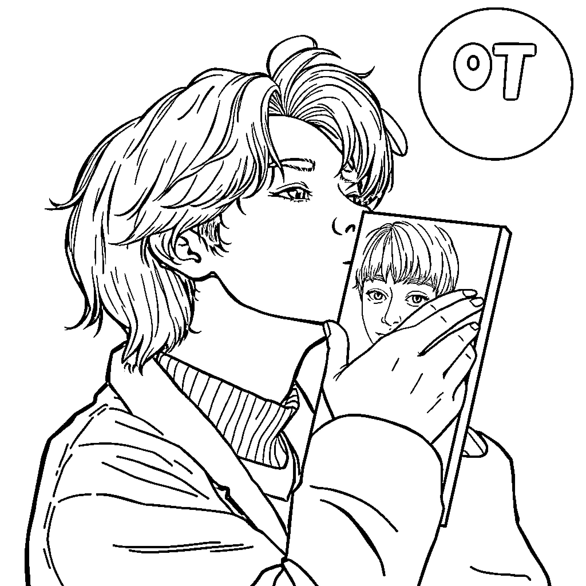 Jin's Reflection Captured in Mirror Coloring Page (free black-and-white line drawing printable PDF for all, from beginners to advanced learners, including children, teens, adults, and seniors)