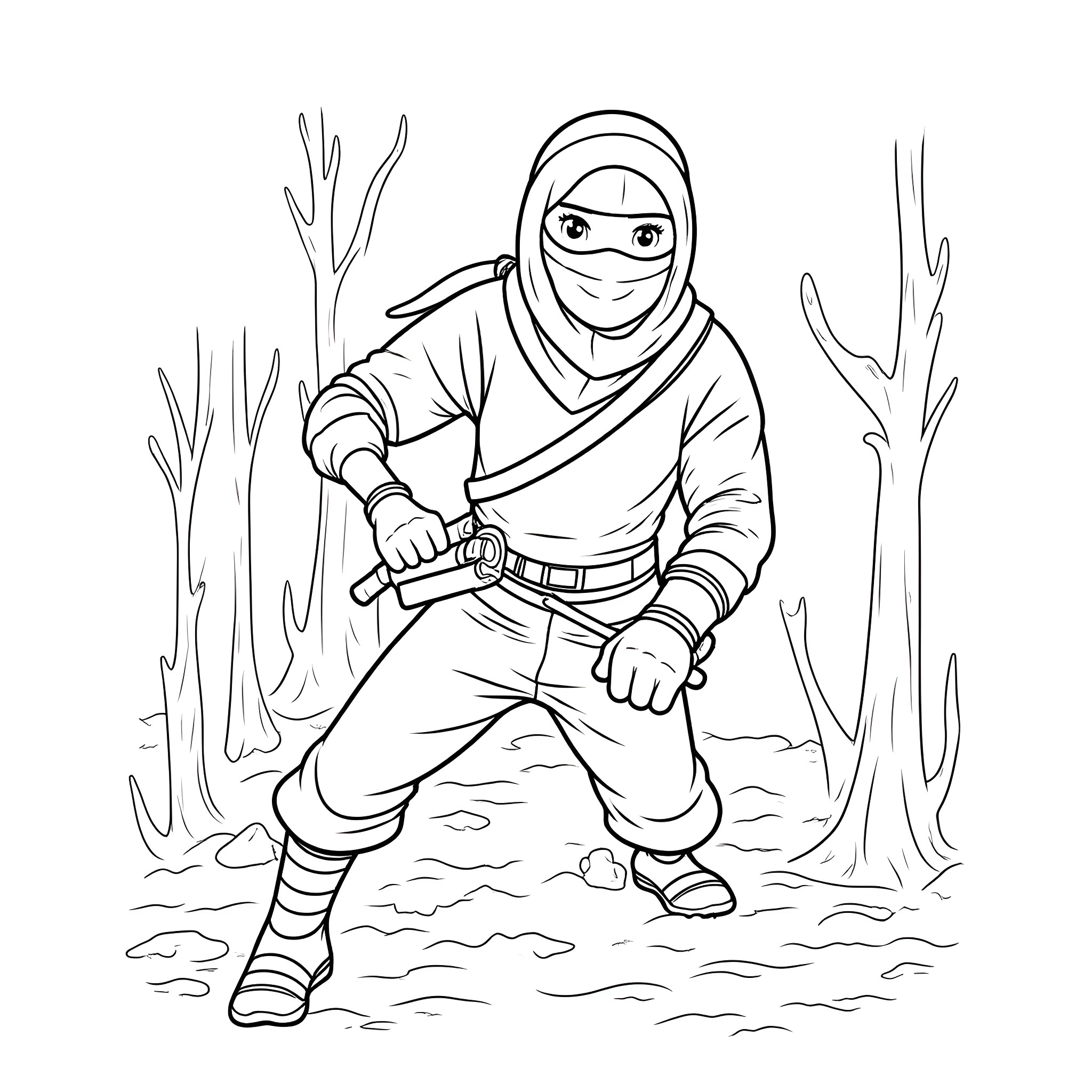 Ninja warrior in the forest Coloring Page (free black-and-white line drawing printable PDF for all, from beginners to advanced learners, including children, teens, adults, and seniors)