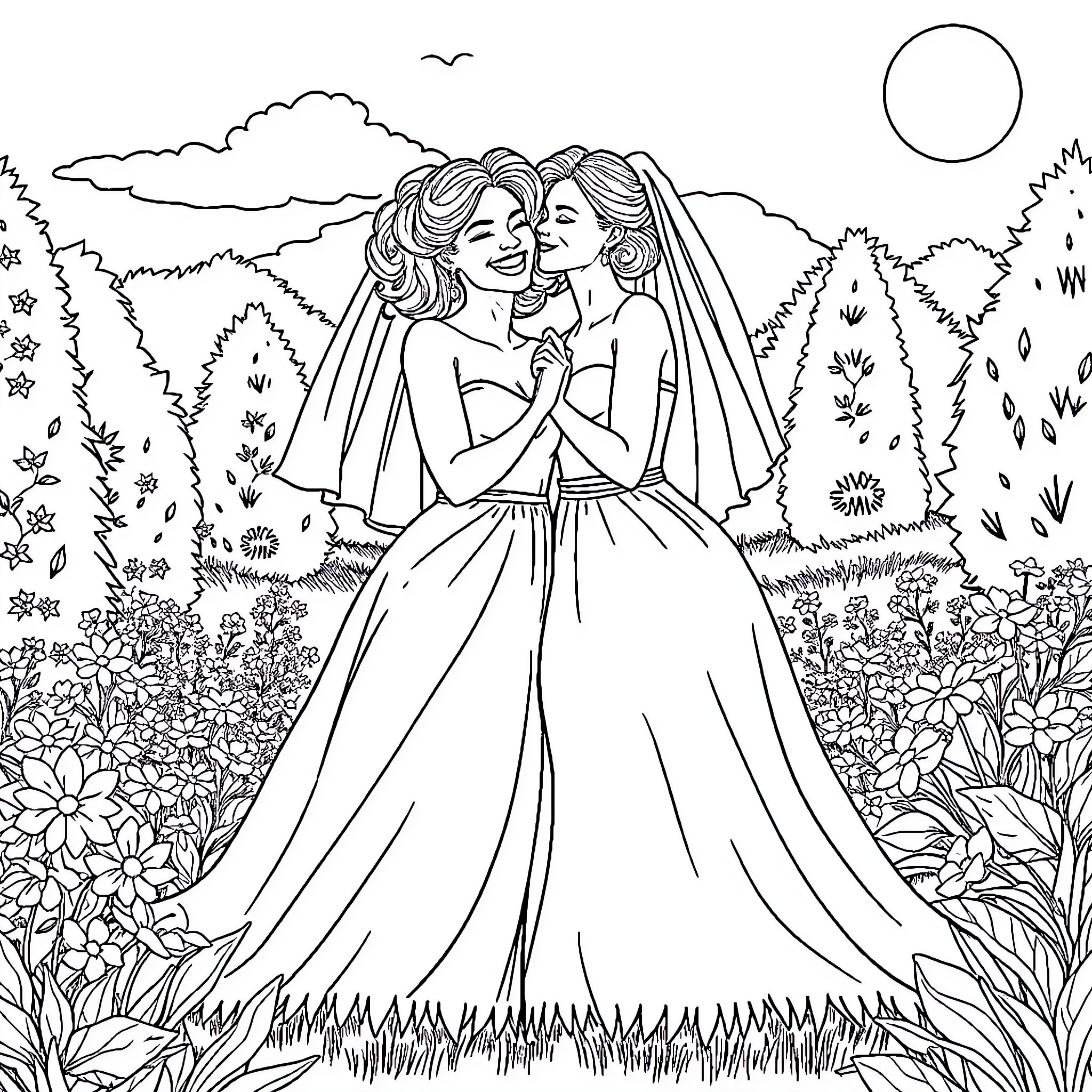 Lesbian couple in a romantic outdoor setting Coloring Page (free black-and-white line drawing printable PDF for all, from beginners to advanced learners, including children, teens, adults, and seniors)