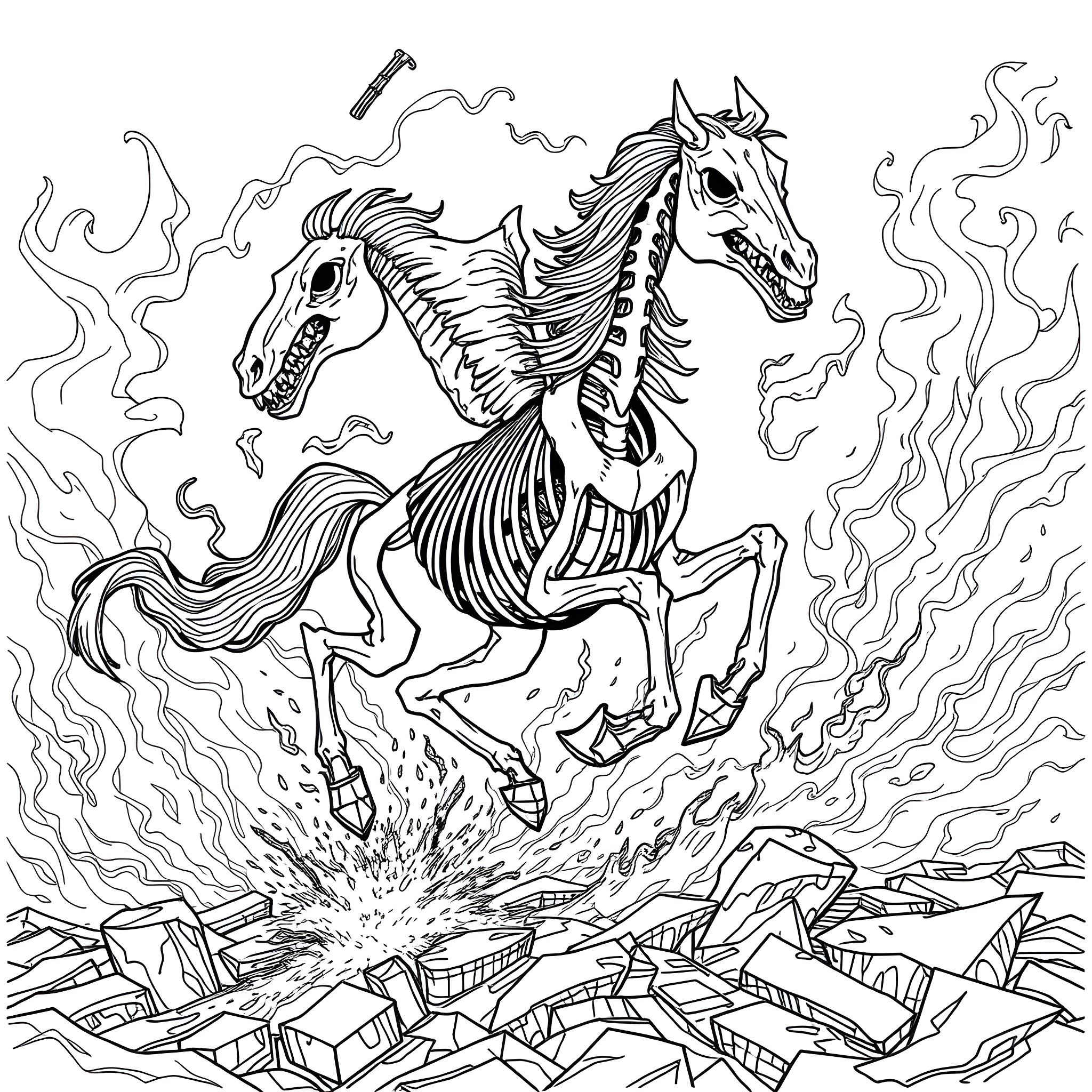 Skeletal Horses Galloping Amidst Flames and Destruction Coloring Page (free black-and-white line drawing printable PDF for all, from beginners to advanced learners, including children, teens, adults, and seniors)